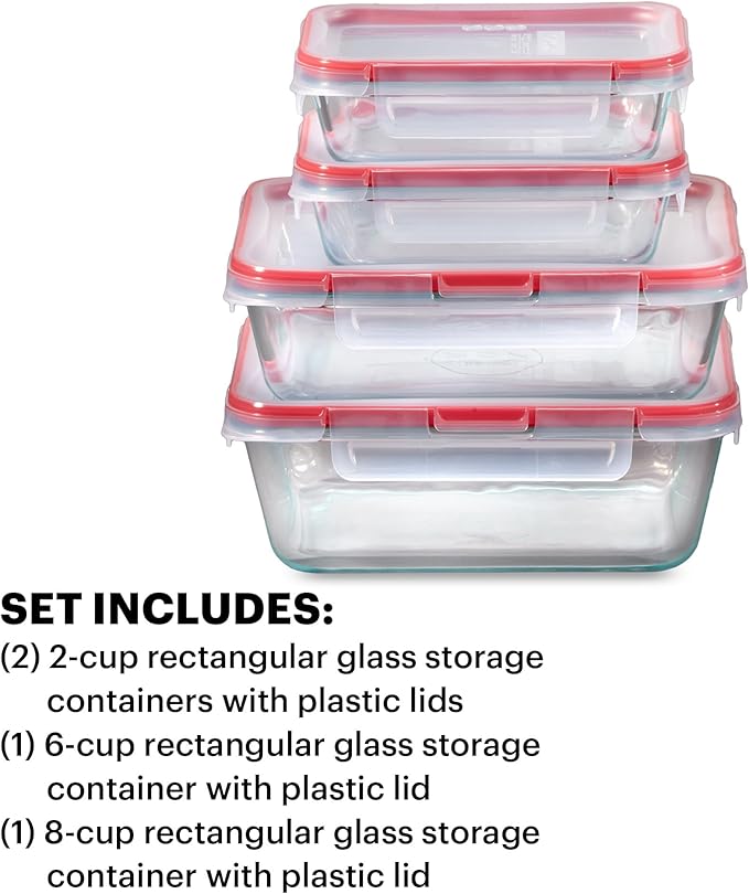 Pyrex Freshlock (4-Pack) Mixed Sized Glass Food Storage Containers Set, Airtight & Leakproof Locking Lids BPA-Free, Meal Prep Containers Set, Freezer Dishwasher Microwave Safe