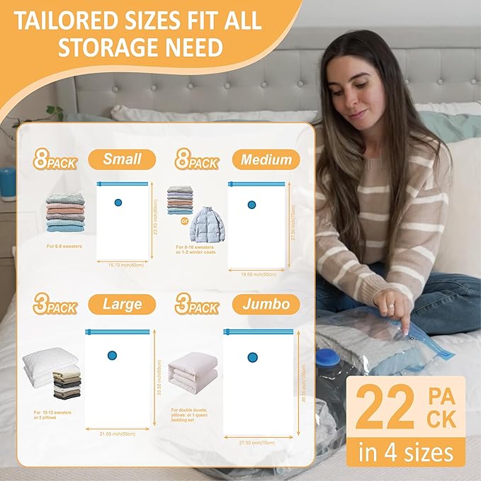 22 Pack Vacuum Storage Bags with Portable Electric Pump, Vacuum Seal Space Saver Bags for Clothing, Pillows, Blanket, Bedding, Comforters