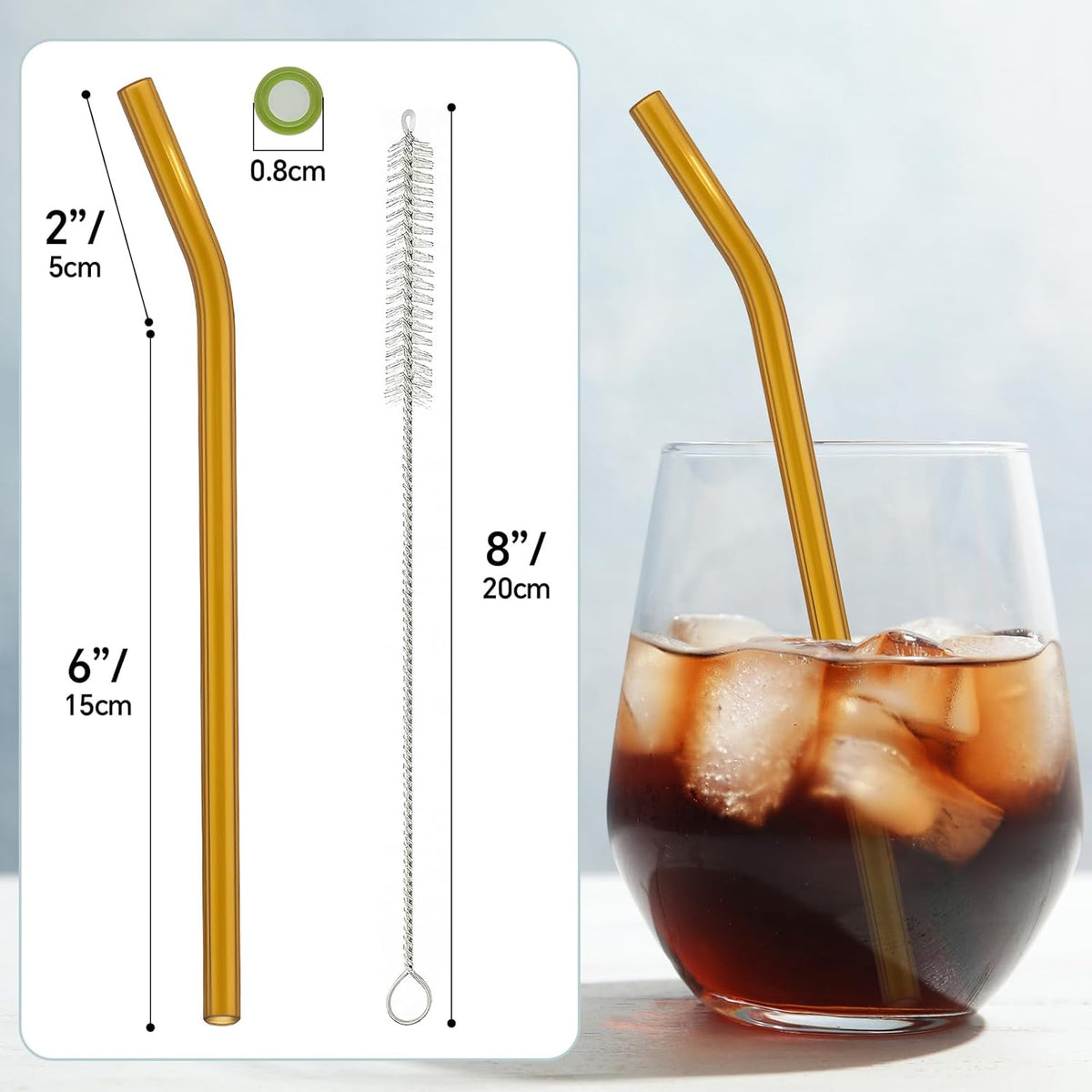12 Pcs Reusable Glass Straws 8"x 8 mm Bent Glass Drinking Straws with Cleaning Brush for Tea, Smoothies, Milkshakes, Juices,Beverages(amber)