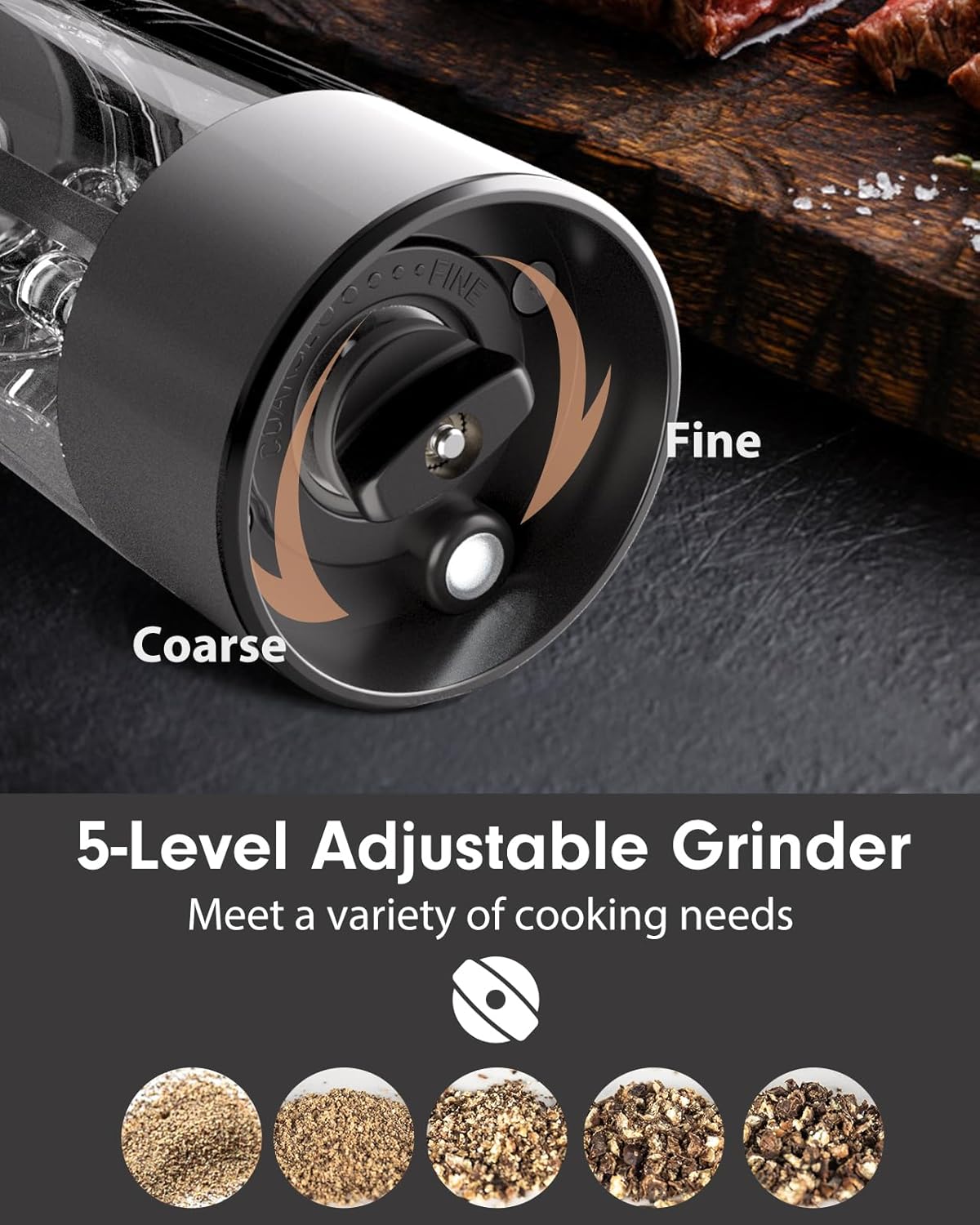 TOMEEM Upgraded Larger Capacity Electric Salt and Pepper Grinder Set Rechargeable with LED lights, Stainless Steel Automatic Pepper and Salt Grinder Refillable with 5 Adjustable Coarseness Gray