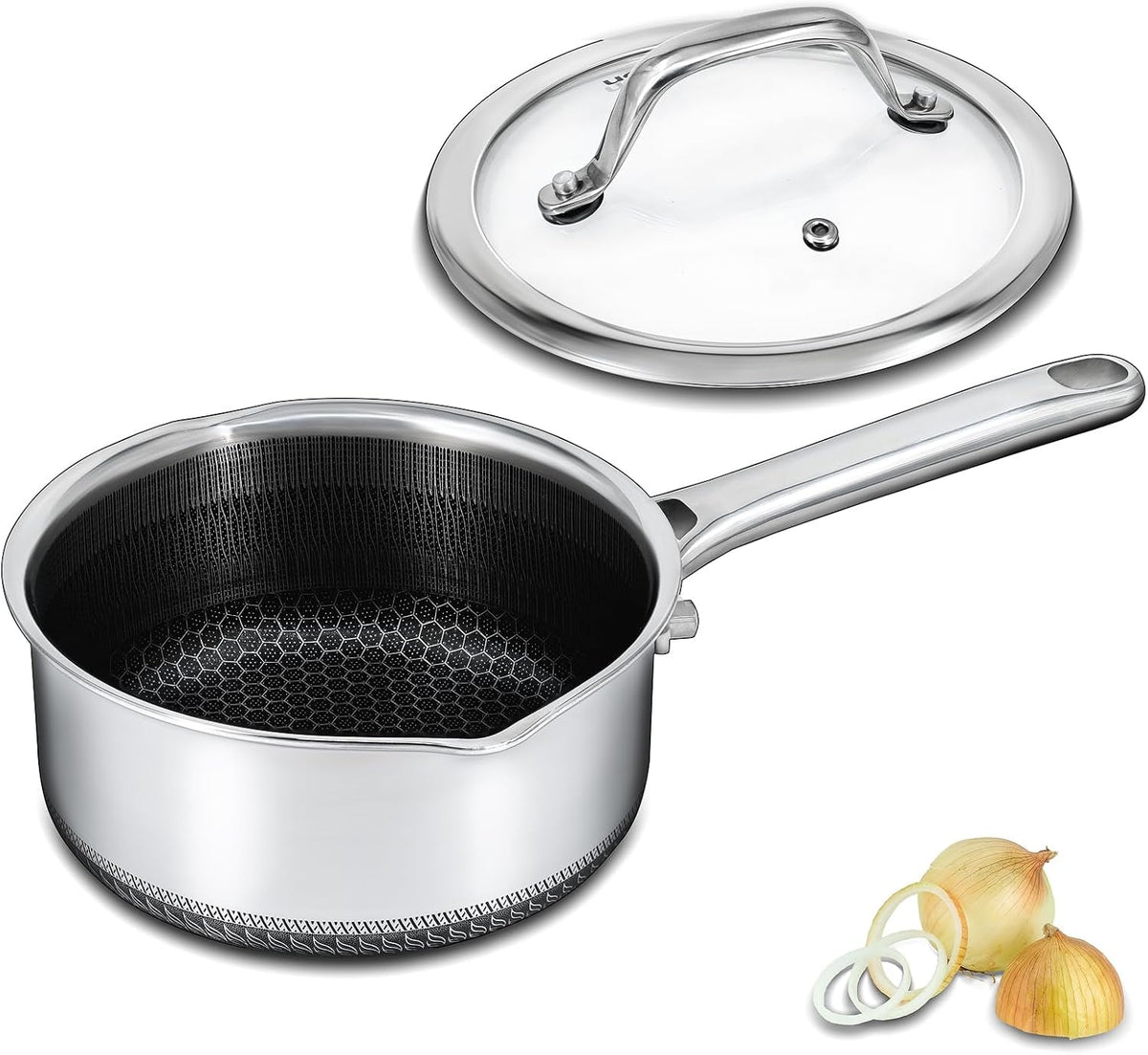 Hybrid Nonstick 1.5 QT Saucepan with Lid, Stainless Steel Honeycomb Pot with Two Pour Spouts,Compatible with All Cooktops,Dishwasher and Oven Safe