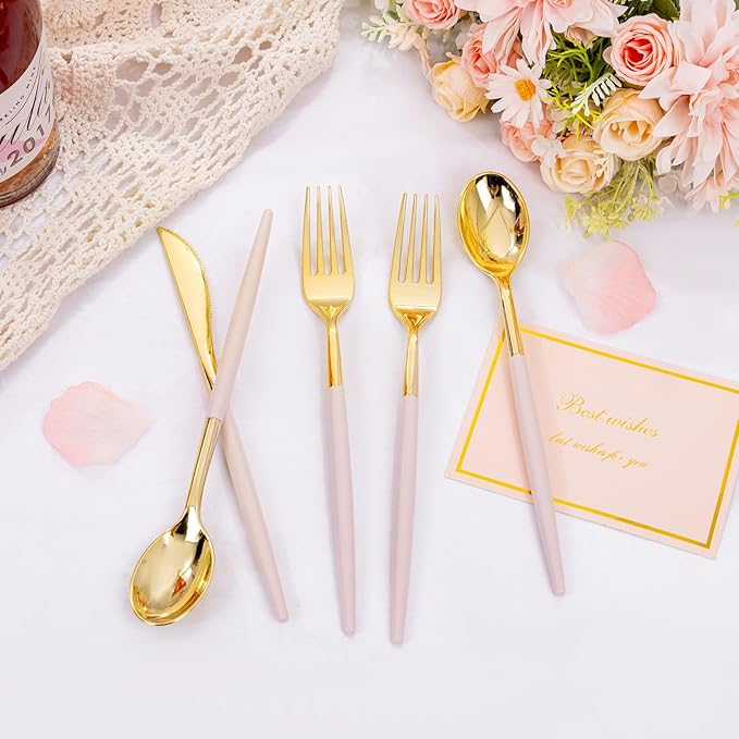 SUT 160Pcs Pink and Gold Plastic Silverware, Heavy Duty Plastic Silverware, Valentines Plastic Utensils, 80 Plastic Forks, 40 Knives, 40 Spoons, Disposable Cutlery for Parties, Valentines(Pink Gold)