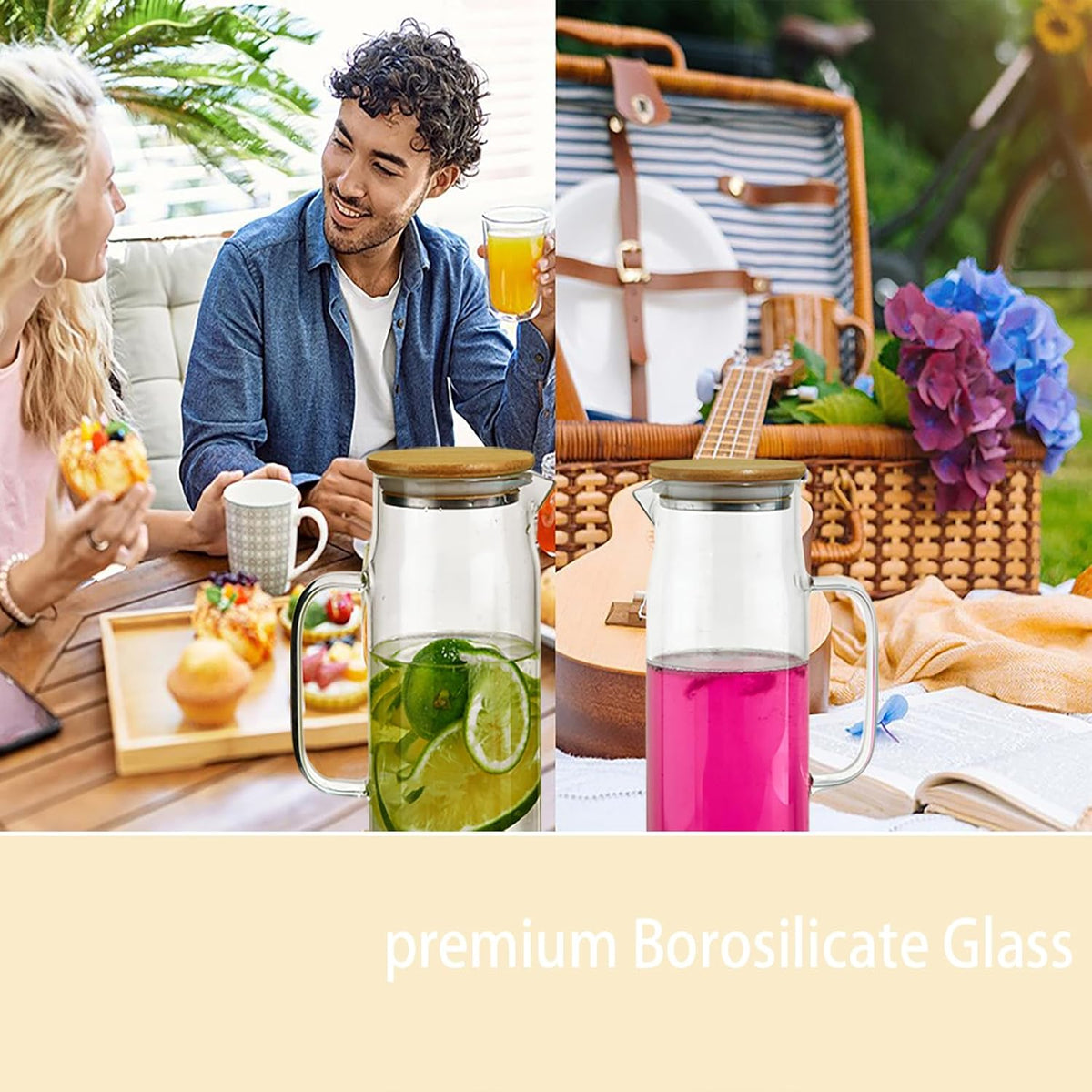 50oz Glass Pitcher with Lid, Glass Water Carafe with Handle, Fridge Water Jug Cold or Hot Beverages, Iced Tea, Milk, Juice (Set of 2)