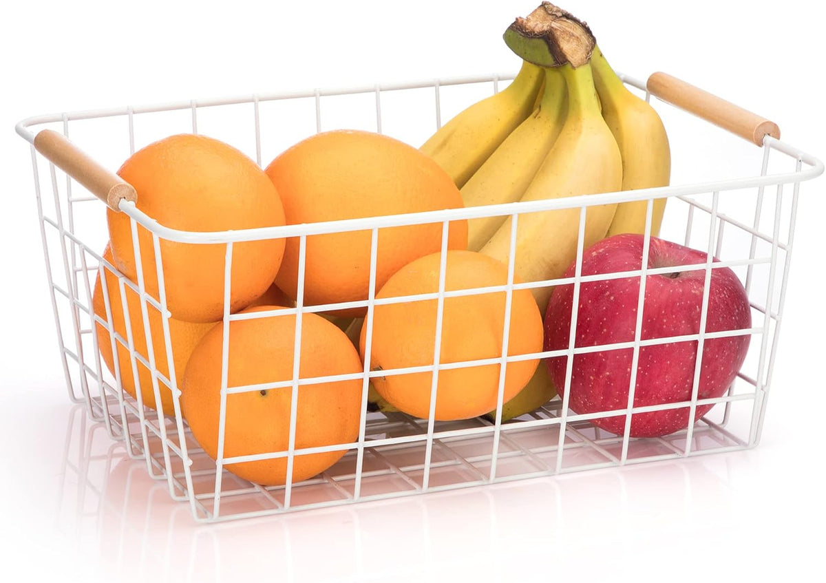 Metal Wire Food Storage Basket Organizer with Wooden Handles for Organizing Kitchen Cabinets, 2 Packs-White