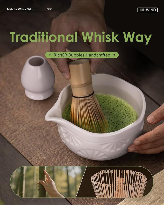 Matcha Whisk Set, Ceramic Matcha Set Includes Matcha Bowl with Spout, Matcha Whisk and Holder, Bamboo Scoop, Sifter and Tea Towel - 6 Pcs Matcha Kit Gift for Matcha Lovers (White)