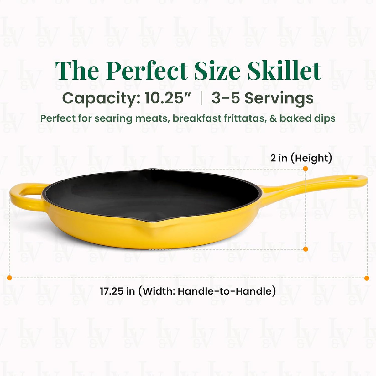 Larder & Vine Enameled Cast Iron Skillet | 10.25 in Cast Iron Pan | Saute Pan with Pour Spouts | Enamel Coated Skillet | Compatible on All Cooktops & Oven Safe to 500F | Limoncello