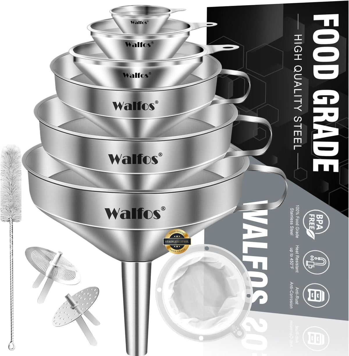 Stainless Steel Funnel, Walfos 6 Different Sizes of Kitchen funnels with 2 Removable Strainer ＆ 1Pcs Cleaning Brush, 200 Mesh Food Filter Strainer,for Transferring of Liquid, Oils, Jam, Powder