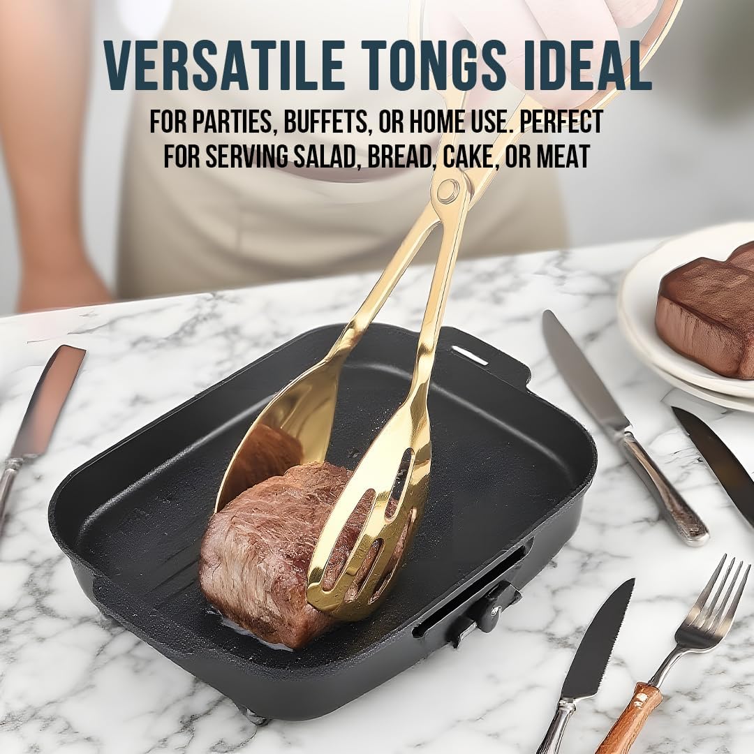 Salad Tongs for Serving 2 Pack - Premium Stainless Steel Scissor-Style, Non-Toxic, Heat-Resistant Salad Servers, Dishwasher Safe, Ideal for Buffet and Party Use (Gold)