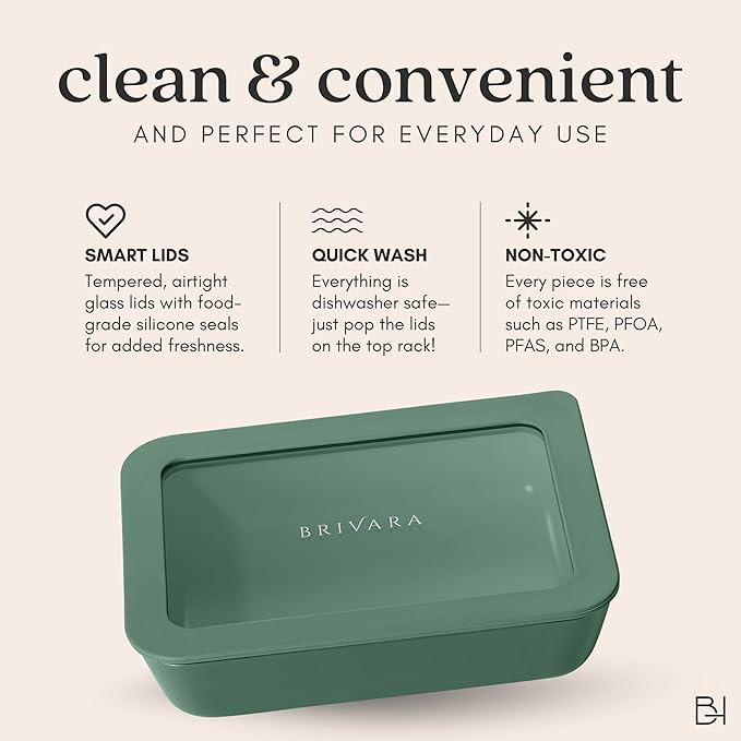 Ceramic Coated Glass Food Storage Container | No PTFE, PFOA, PFAS, and BPA | Reusable Non Toxic Meal Prep Container with Glass Lid | Easy To Store | 2.5 Cup Square [Pine]