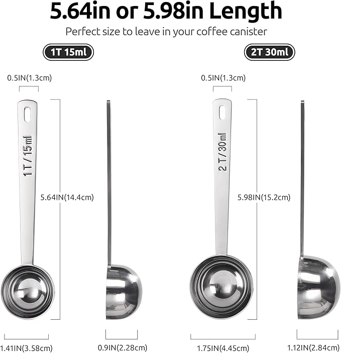 U-Taste Coffee Scoop 2 Tablespoon: 18/8 Stainless Steel Measuring Scooper for Ground Coffee, Bean, Powder, Espresso, 4.3in Long Handle Metal Measure Spoon for Canister, Jar (1Tbsp+2Tbsp / 15ml+30ml)