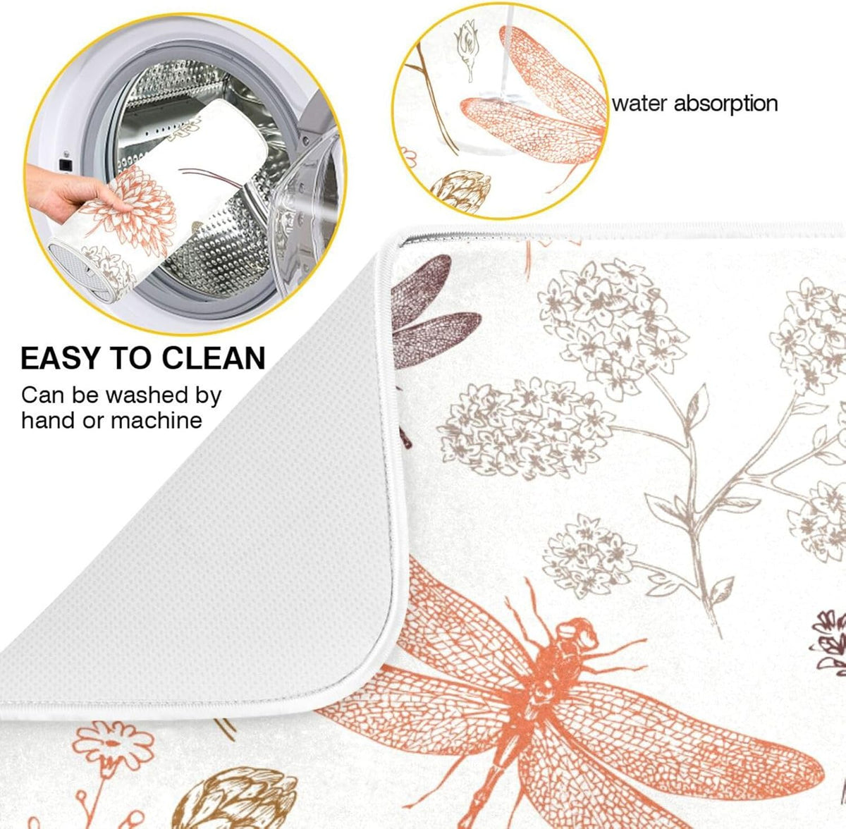 Dragonfly Botanical Plant Dish Drying Mat for Kitchen Counter Absorbent Microfiber Drying Pad, Medium 16x18 in, Reversible Drainer Mats