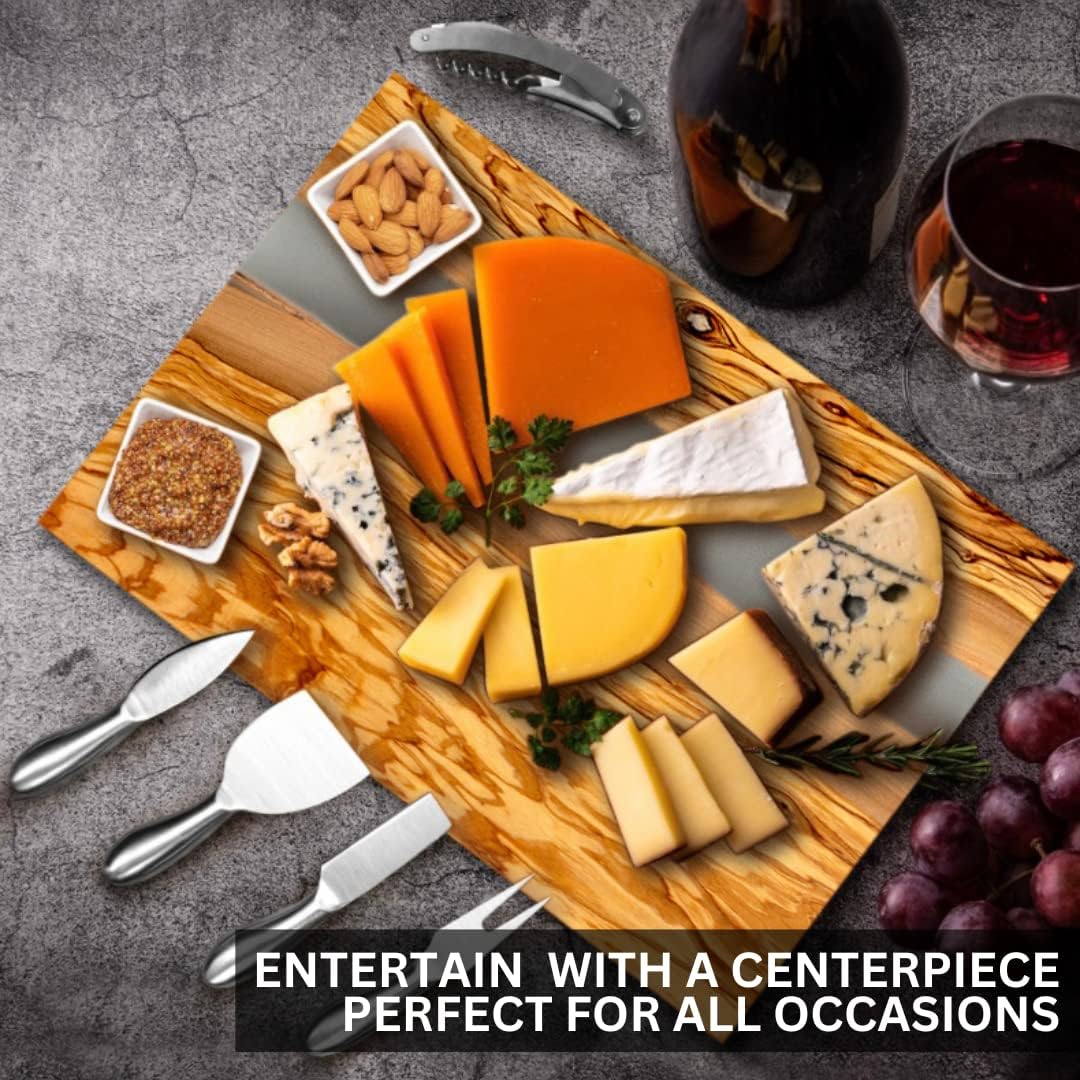 Handcrafted Italian Olive Wood Cheese & Charcuterie Board Set with Unique Gray Resin Artwork - Cutting Board Comes with 4 Cheese Knives, 2 Dipping Bowls & Corkscrew Wine Opener (Gray)