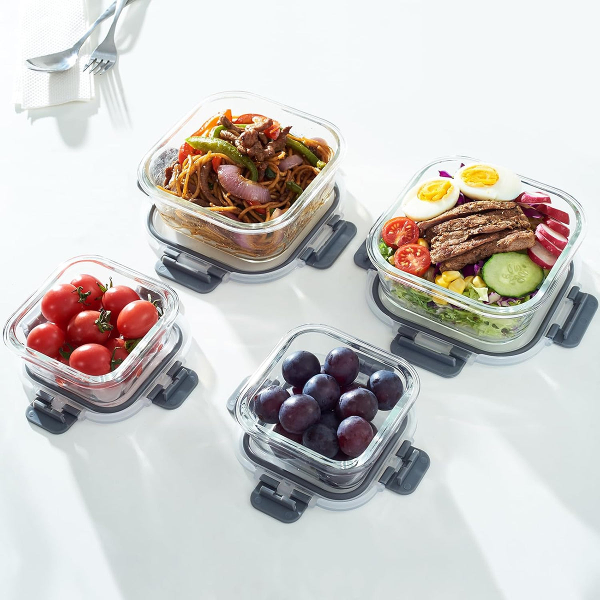 Glass Food Storage Containers with Lids Upgraded Airtight, 4 Pack Glass Storage Containers with Lids, Not Easy Broken & Leak Proof, Glass Containers with Lids for Oven/Dishwasher Safe, Grey