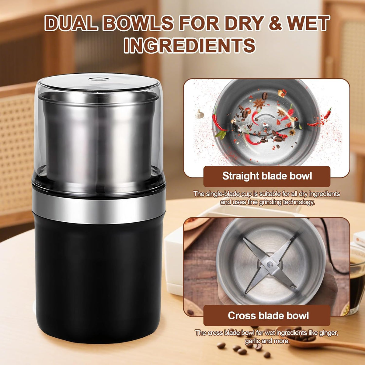 Electric Coffee Grinder, Dual Stainless Steel Bowls for Beans Spices Nuts Wet&Dry Grinding 30000RPM Overheat Protection Compact for Kitchen Herbs Spices Nuts Grains Espresso
