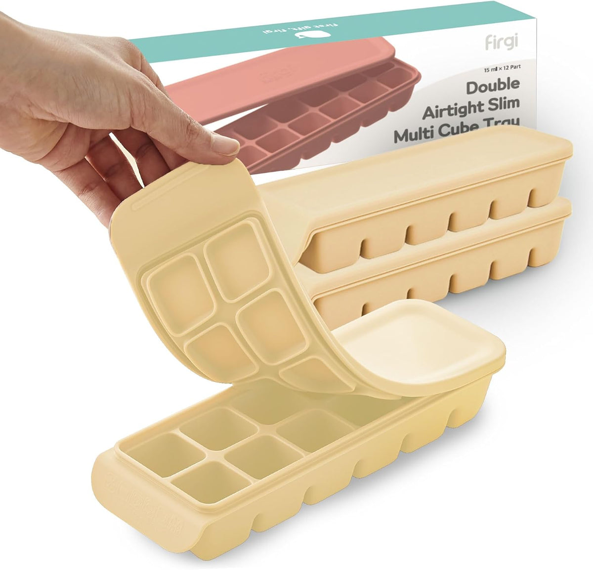 Silicone Freezer Trays with Lid,2ea 0.7oz 12 Cube-Leak Proof Silicone Freezer molds for Homemade Baby Food Breastmilk, Purees, Vegetables, Fruit, Baby Food Jars Ice Tray with Lid BPA Free Beige