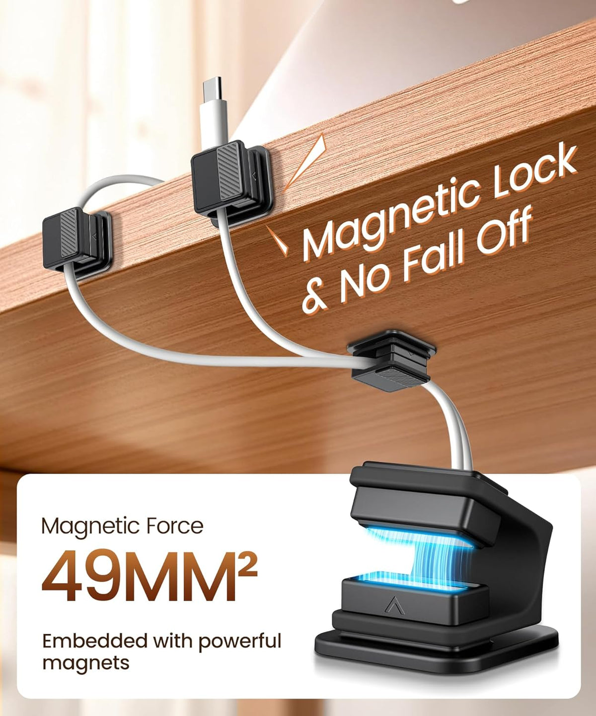 6 Pack Magnetic Cable Clips, Glow in The Dark Cable Holders, GolbinBox Cord Organizer with Shockproof Silicone, Fits up to 8mm Adhesive Cord Clips for Desk, Wall, Nightstand, Car, Home, Office, Black