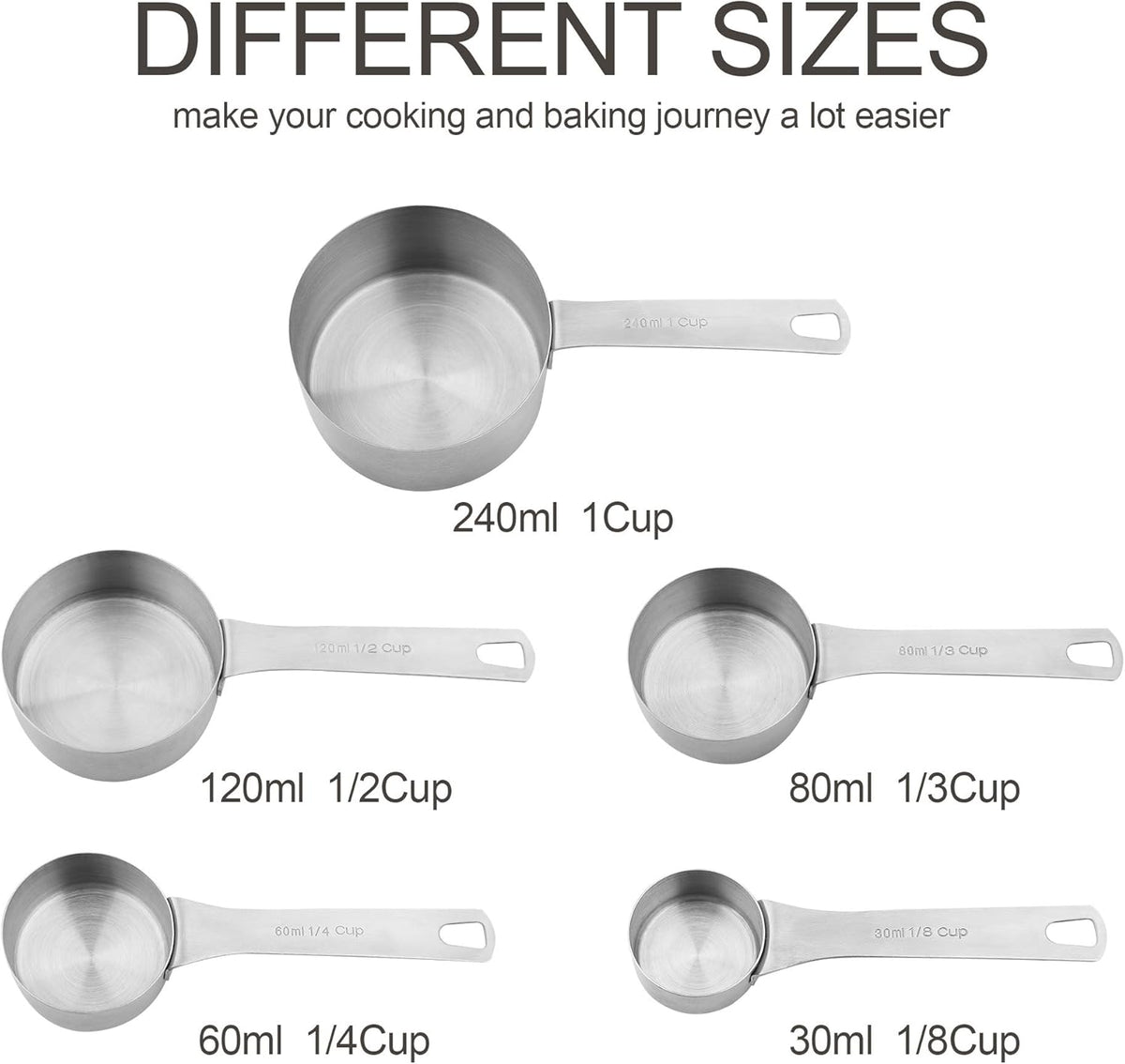 Smithcraft Stainless Steel Measuring Cups and Spoons Set 18/8(304) Steel Material Heavy Duty 5 Measuring cups and 5 Measuring Spoons 1 Leveler and 2 rings Pack 13pcs Per set