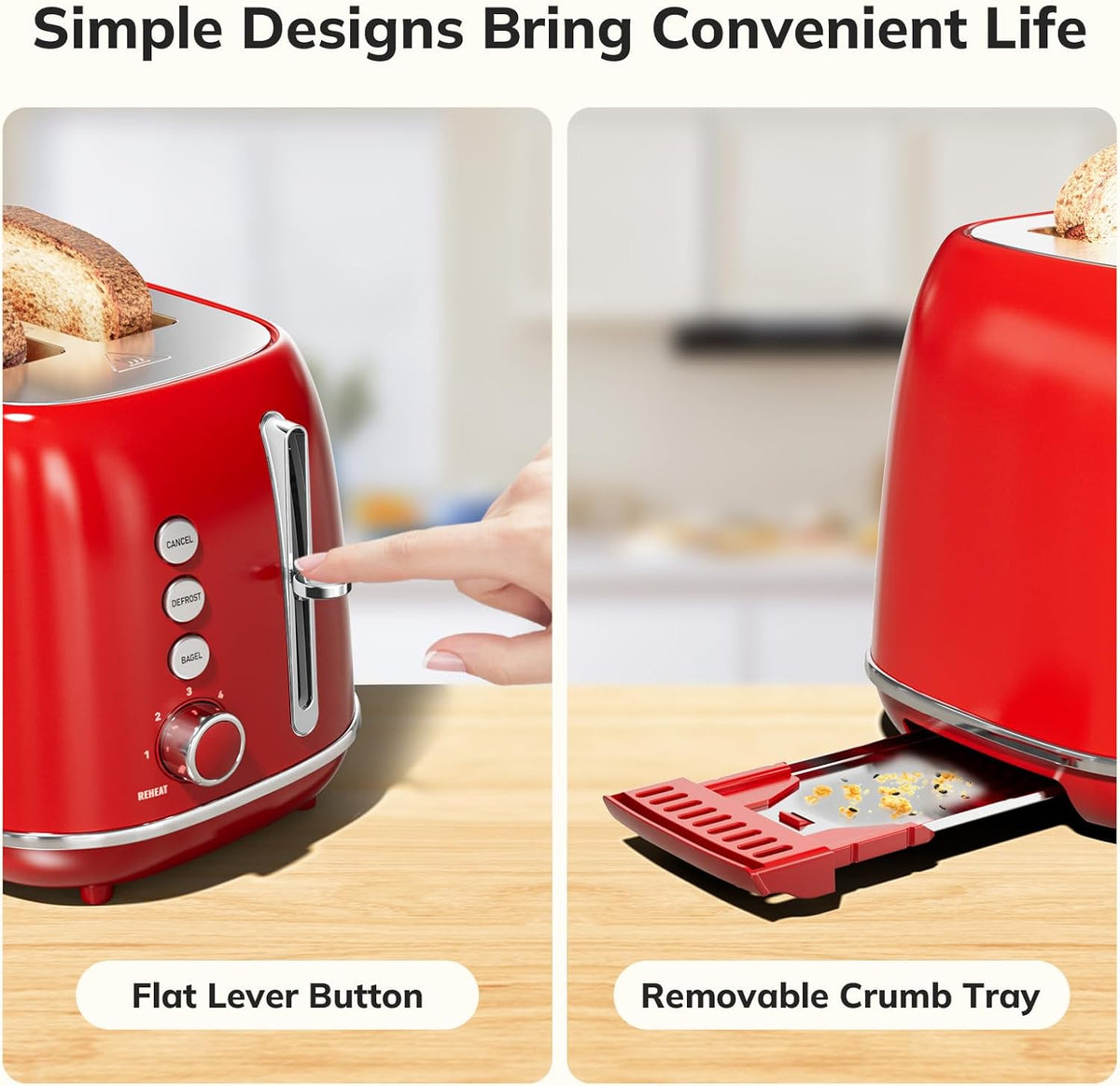 2 Slice Stainless Steel Toaster Retro with 6 Bread Shade Settings, Bagel, Cancel, Defrost Function, Extra Wide Slot, Removable Crumb Tray, Red