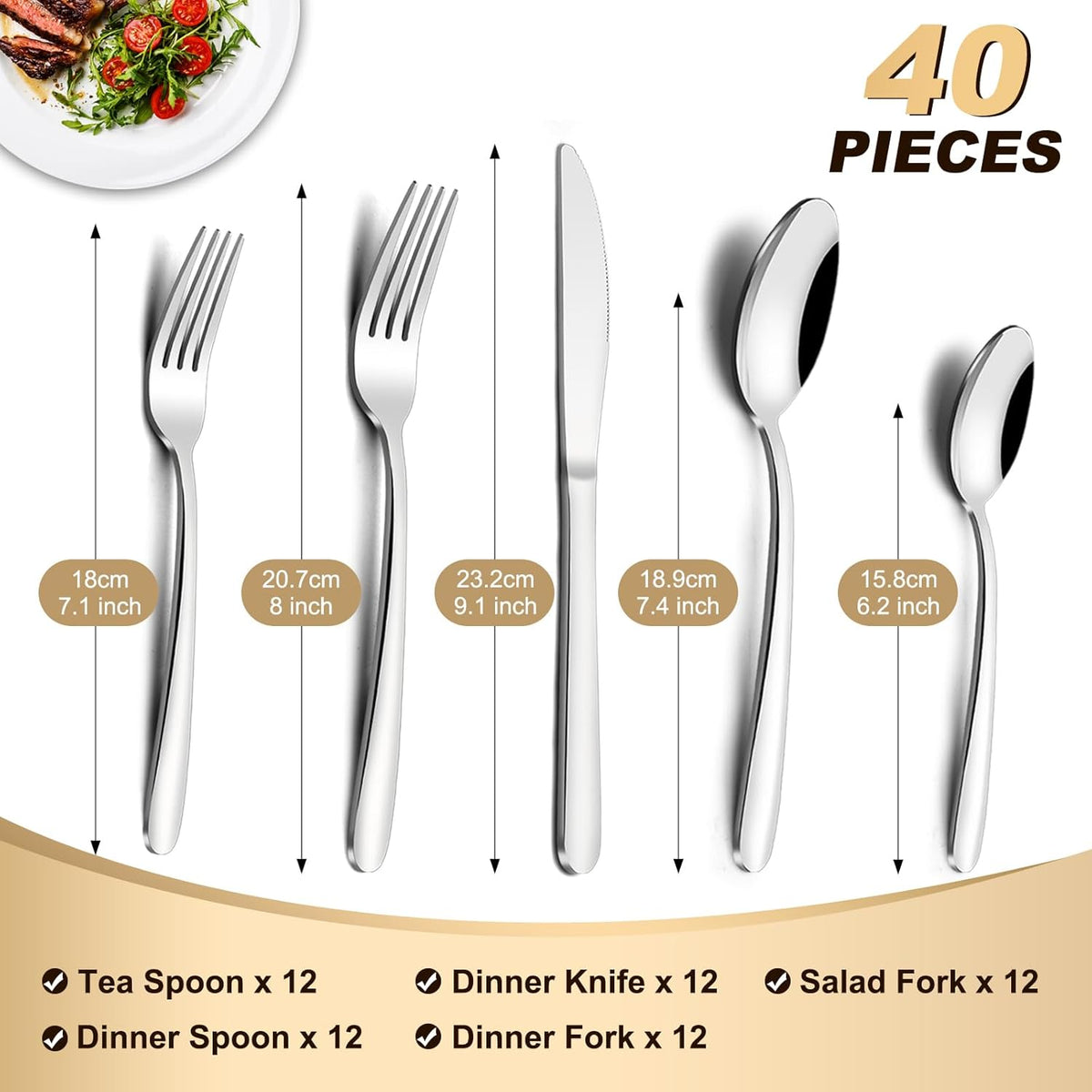 Pleafind 40-Pcs Silverware Set for 8, Premium Stainless Steel Flatware Set, Include Forks Spoons and Knives Set, Mirror Polished Cutlery Utensil Set for Home Restaurant, Dishwasher Safe