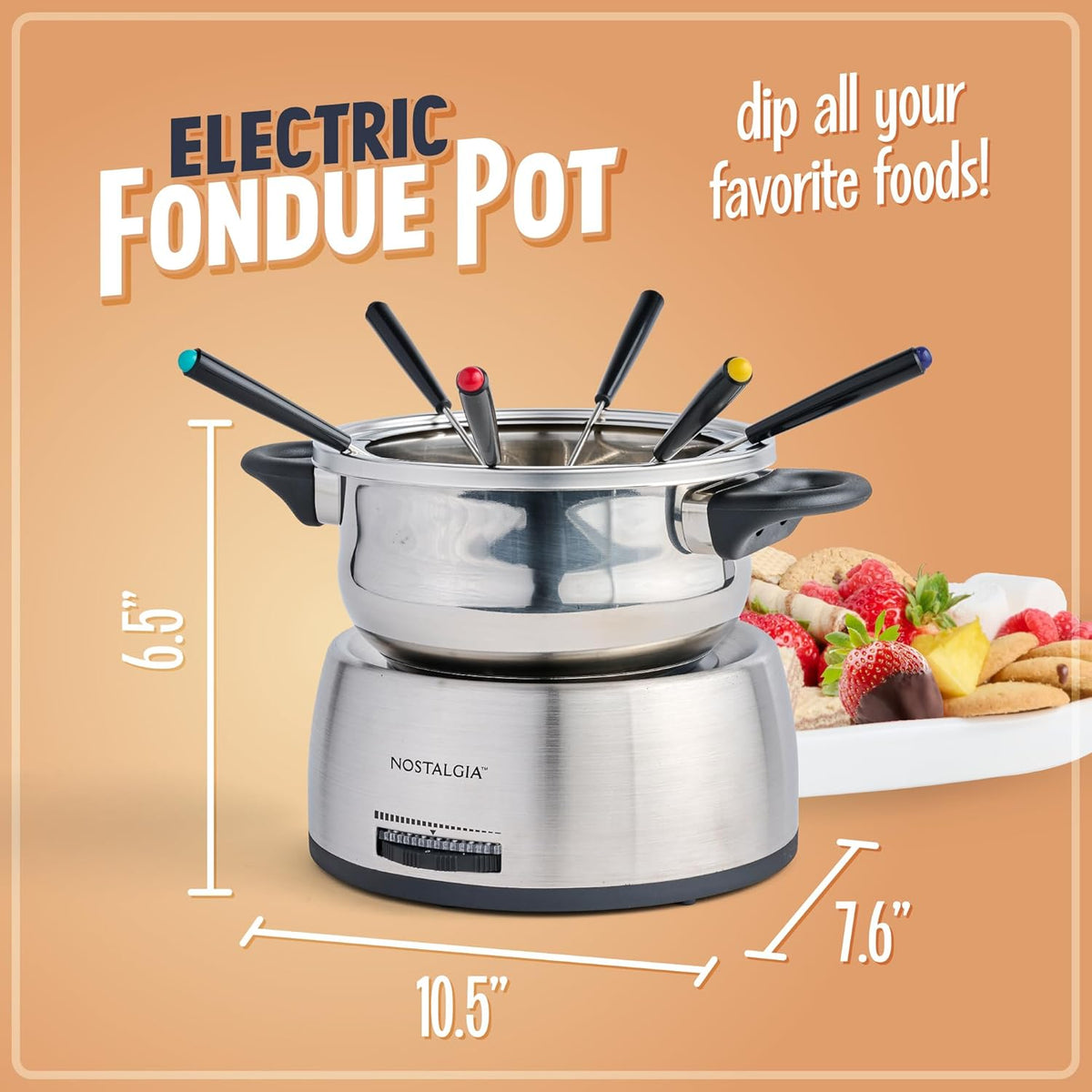 Nostalgia 6-Cup Electric Fondue Pot Set for Cheese & Chocolate - 6 Color-Coded Forks, Temperature Control - Stainless Steel Kitchen Gadgets and Appliances for Hors d'Oeuvres and More - Stainless Steel
