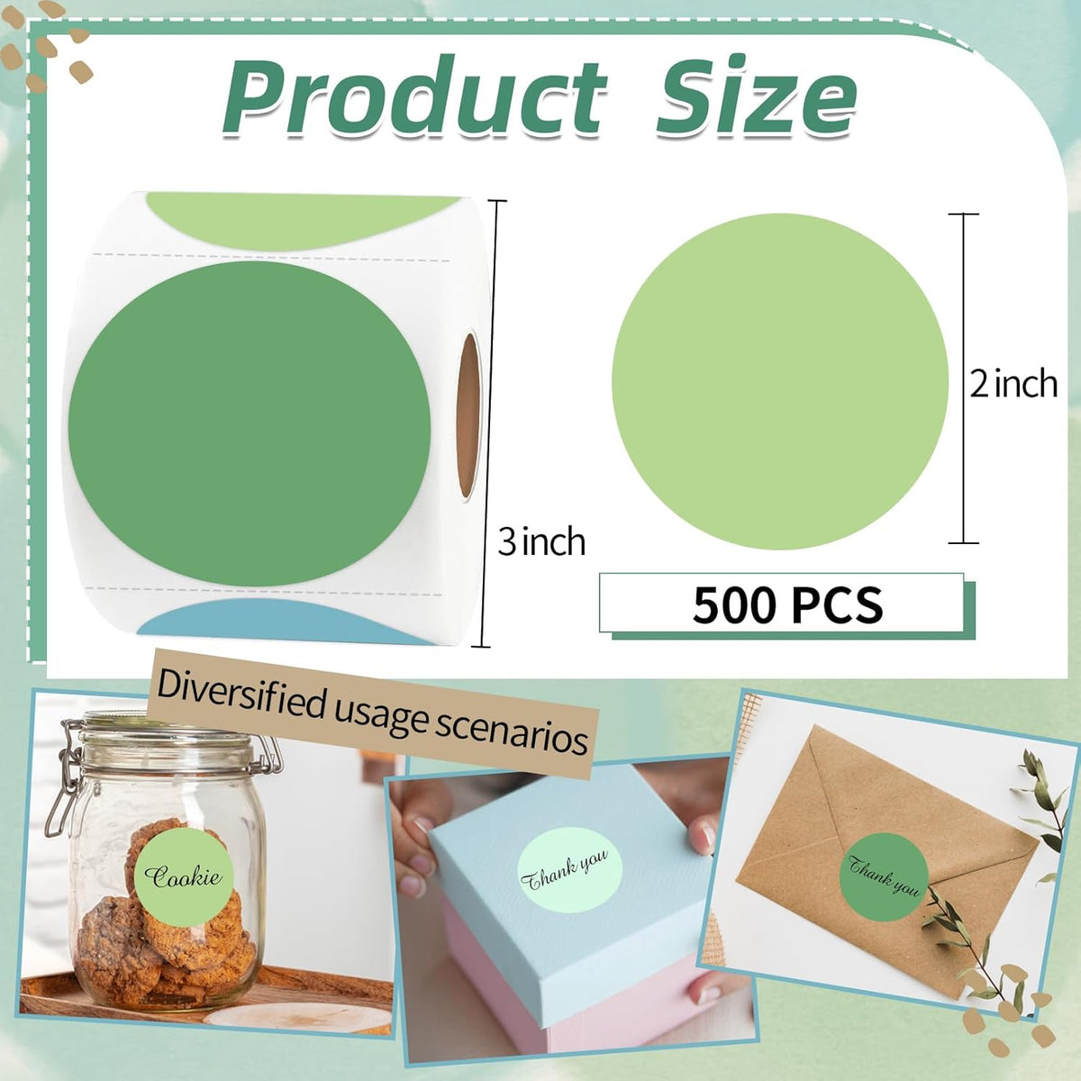 Thermal Label,2 Inch Green Gradient Round Thermal Printer Stickers,Self-Adhesive Round Direct Thermal Labels,Thermal Stickers for DIY Logo Design,Name Tag (500 Labels/1 Roll)