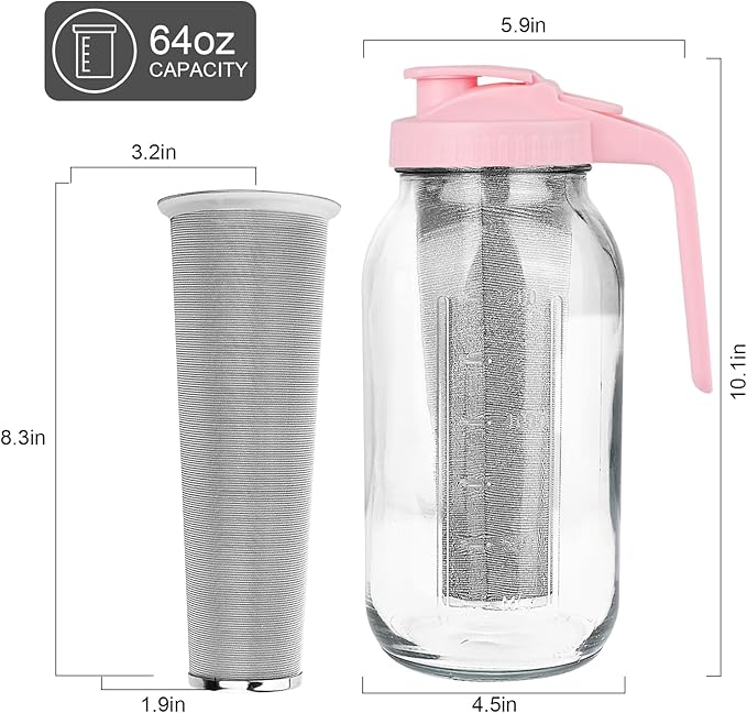 Cold Brew Coffee Maker，64 oz Wide Mouth Mason Jar Pitcher with Stainless Steel Filter, Pour Spout Handle Lid, Heavy Duty Glass Airtight & Leak-Proof for Iced Coffee & Tea Lemonade-Pink