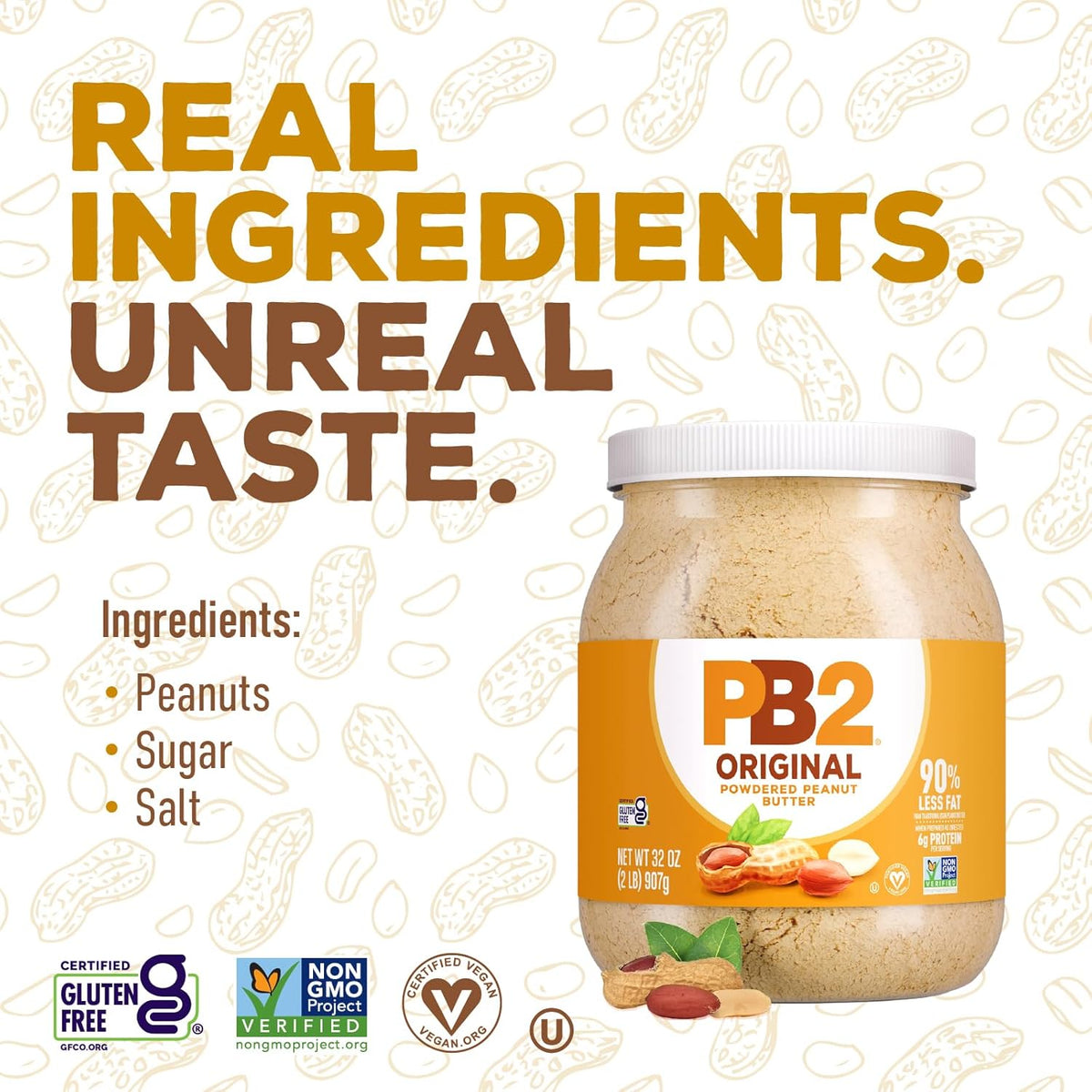 PB2 Powdered Peanut Butter Powder | 2LB Jar | Certified Gluten Free, Low-Carb, Keto Diet Friendly | Original Flavor with 6G of Protein, 90% Less Fat, 60 Calories Per Serving | Easy Mix for Healthy, Fit Diet