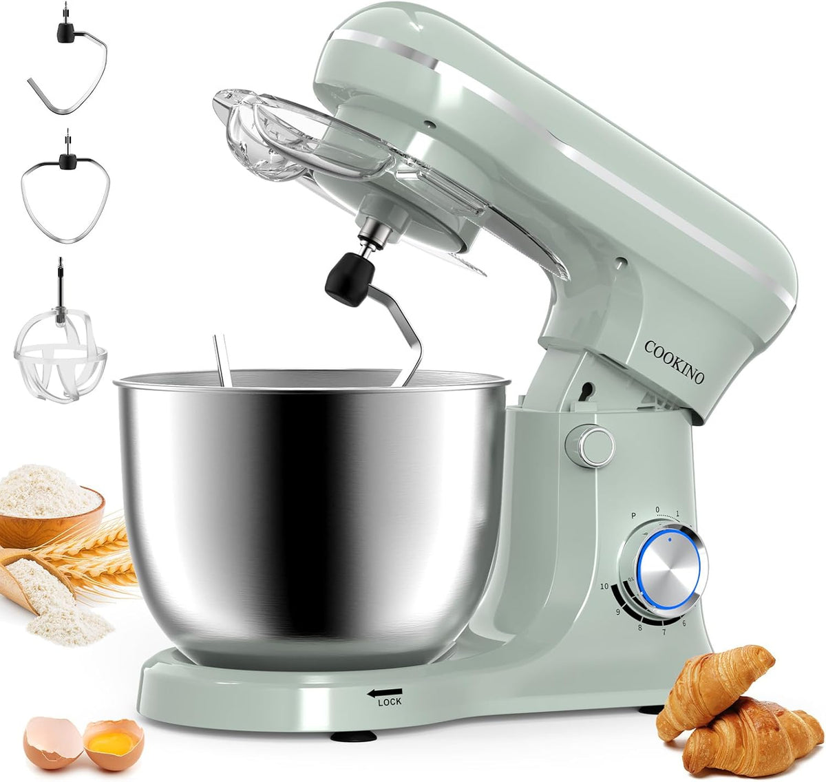 Electric Stand Mixer,660W 10 Speeds Tilt-Head Food Mixer, 3-IN-1 Kitchen Mixer for Daily Cooks with 6.5 QT Bowl,Dough Hook, Beater, Whisk (Morandi Green)
