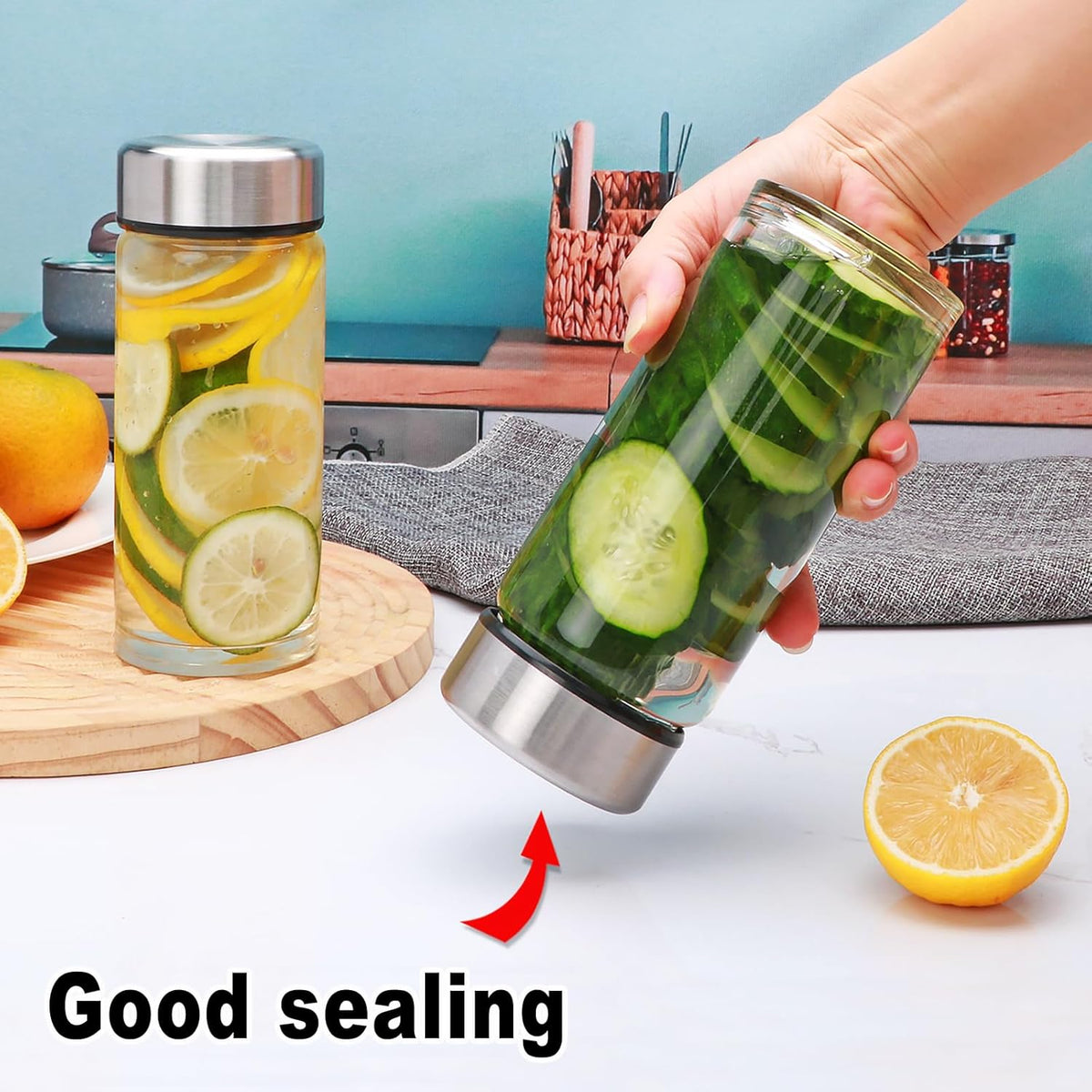 4 Pack Juice Bottles with Lids,12oz Wide Mouth Glass Bottles with Stainless Steel Cap,Reusable Glass Water Bottle for Juicing, Smoothies, Infused Water,Beverage Storage,BPA Free,Leakproof