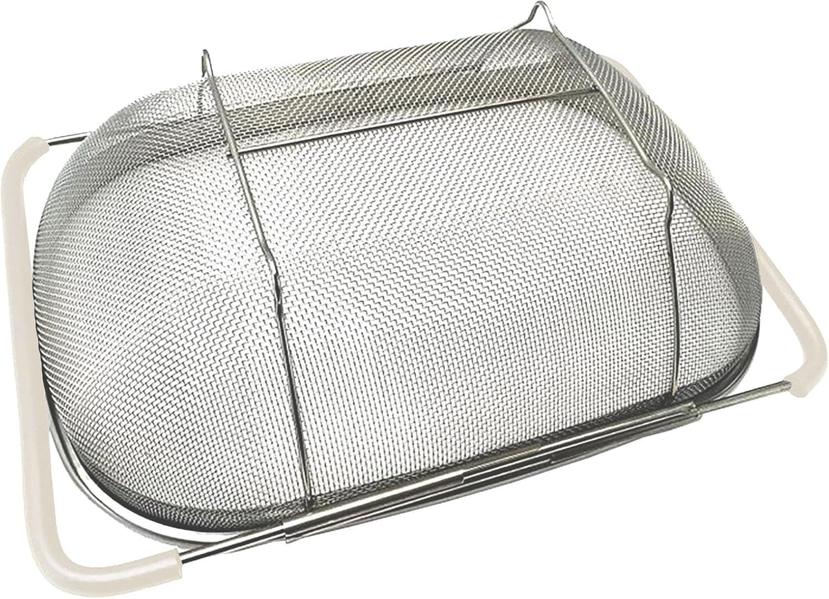 Over The Sink Colander, 6 Quarts Stainless Steel Oval Colander with Expandable Rubber Grip Handle, Fine Mesh Strainer Baskets Kitchen Colander for Strain, Drain, Rinse Vegetables, Fruits, Beige