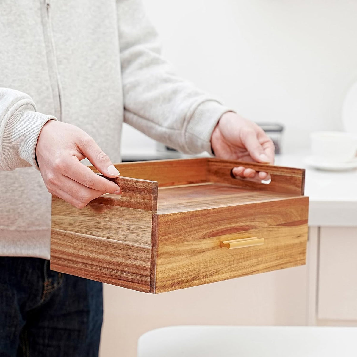 Acacia Wood Tea Bag Organizer, Wooden Tea Bag Storage Box Holder with Drawer for Kitchen Office Tea Bar Countertop