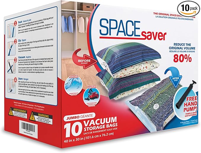 10 Pack Jumbo Vacuum Storage Bags for Comforters, Blankets & Clothes – Jumbo Vacuum Sealed Compression Bags with Hand Pump – Space Saver Storage Bags for Bedding, Moving, Travel & Organization
