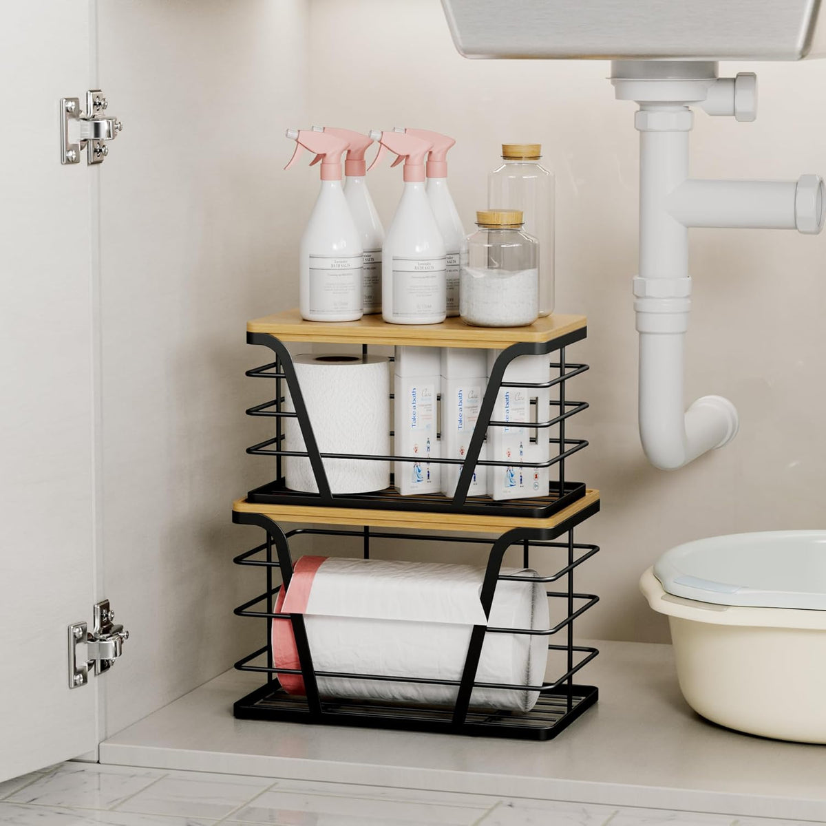 2 Pack Stackable Storage Laundry Kitchen Organizers, Wall Mount Trash Bag Holder with Bamboo Top and Garbage Bag Dispenser No Drill