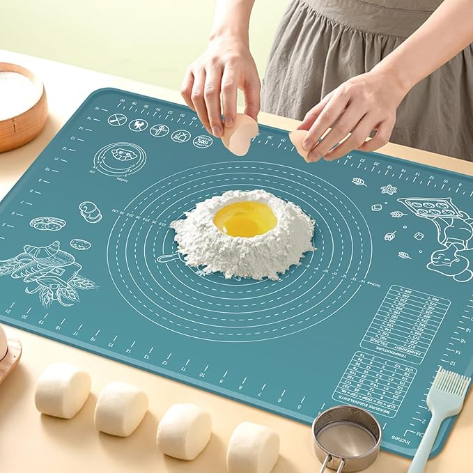 Silicone Pastry Mat 24" x 16" Extra Thick Non Stick Baking Mat with Measurements and Edge Heightening, Food Grade Silicone Rolling Mat for Pastry, Bread, Cookies, Pizza, Fondant, Pasta