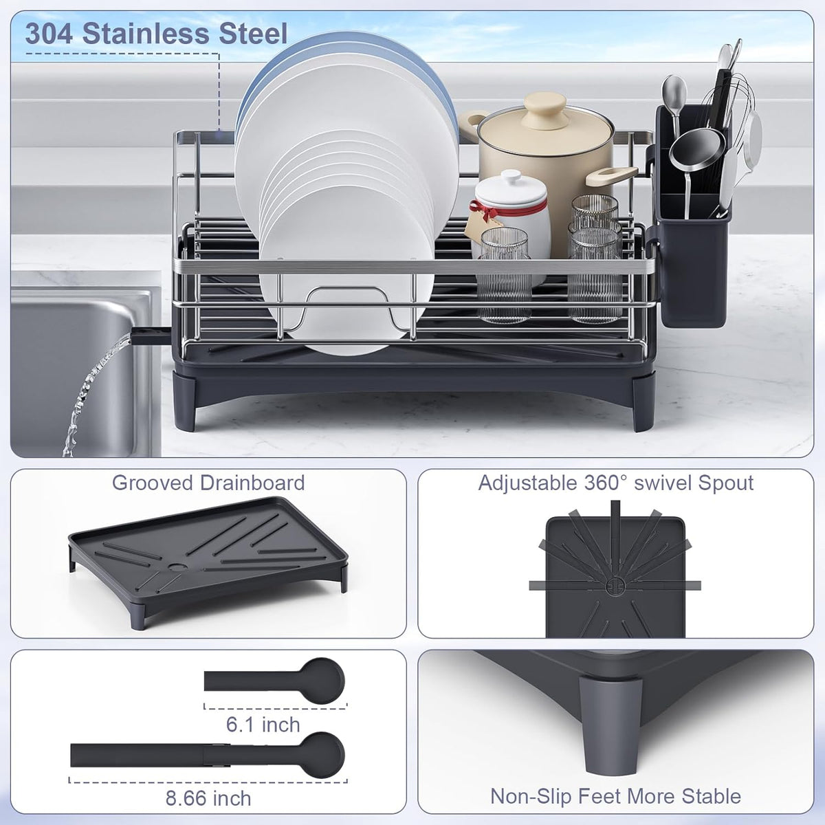 Dish Drying Rack,Rustproof Stainless Steel Dish Rack for Kitchen Counter,Dish Drainer with Cutlery Holder and Removable Drainboard,16.5" D x 11.8" W x 6.29" H