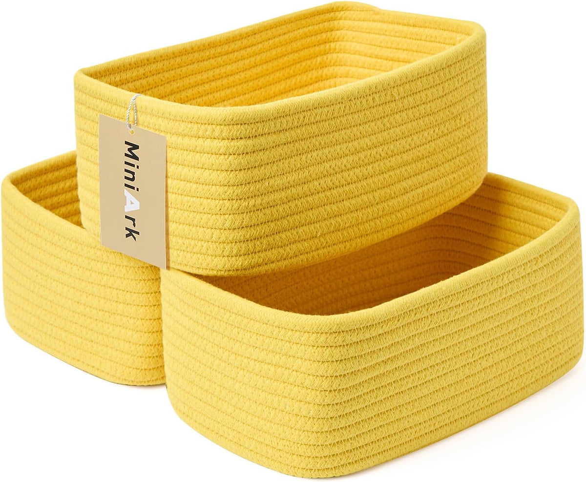 Small Storage Baskets for Organizing | Closet Organizer Bins | Shelf Toy Basket | Woven Rope Baskets | Cube Decorative Box | Shallow Basket | 11.5x7.5x4.7” | 3 Packs Yellow