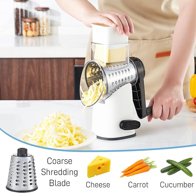 VEKAYA Cheese Grater, Cheese Grater Hand Crank, 4 Interchangeable Blades Cheese Shredder, Vegetable Slicer, Non-slip Suction Base, Easy to Clean Rotary Grater with Handle (White)