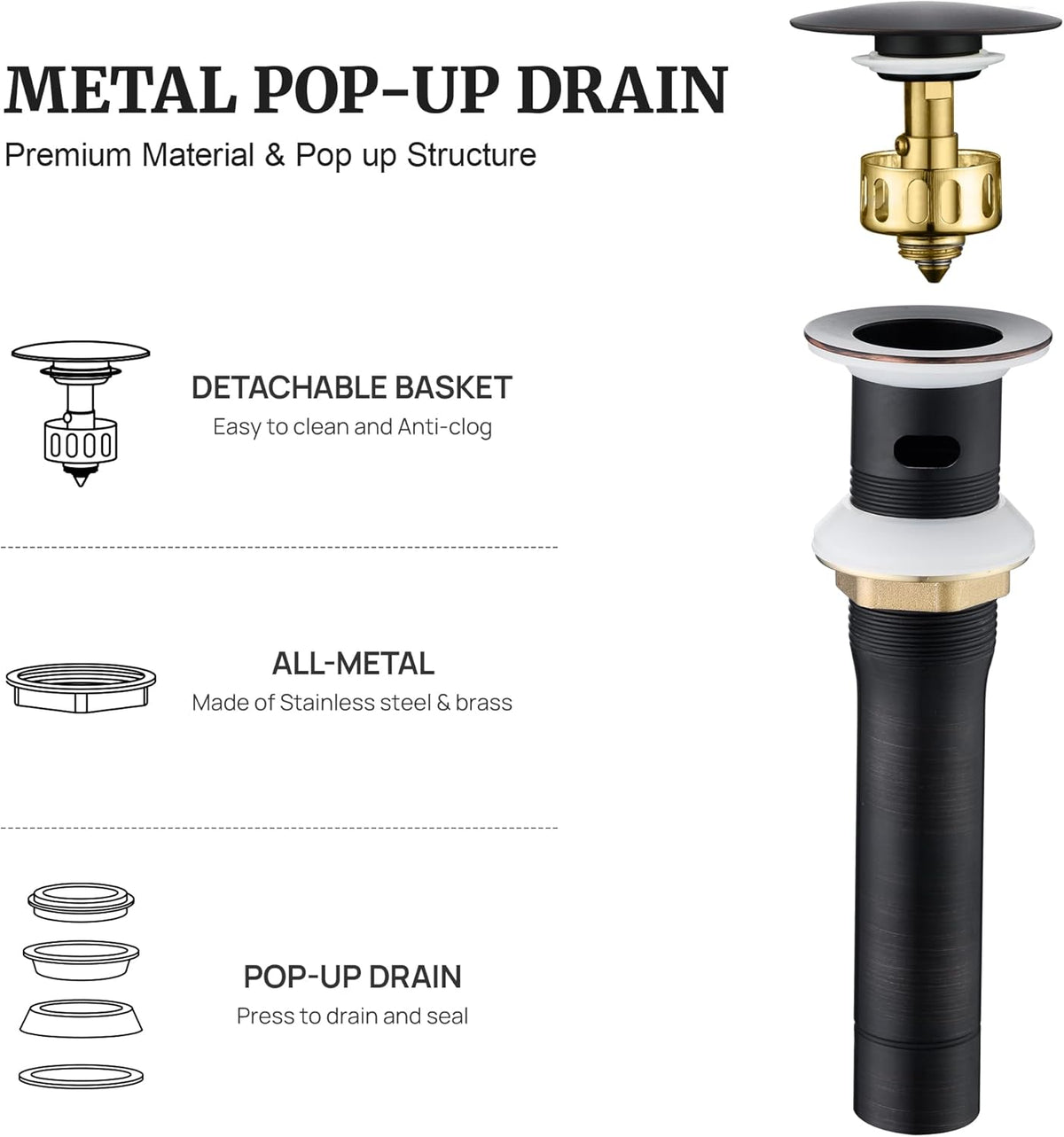 Pop up Sink Drain Stopper with Overflow Oil Rubbed Bronze for Bathroom Vessel Vanity Sink Art Basin，Big Cap Sink Drain with Overflow, Metal Pop-up Drain Strainer with Detachable Basket Stopper