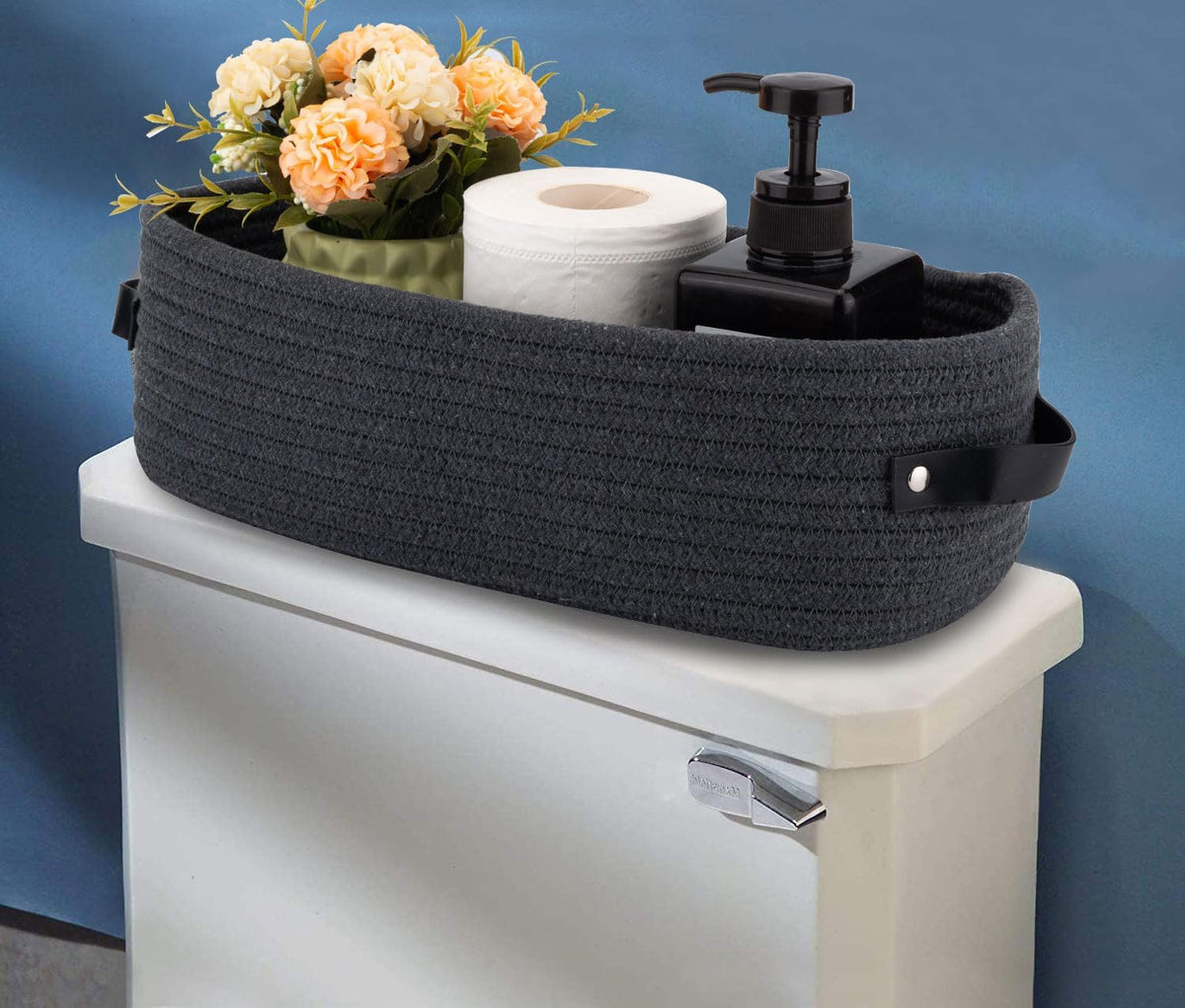 Cotton Rope Toilet Paper Holder Basket with Handle, Home Decor Organizing Small Baskets, Nursery Basket 13"x5.9"x4" Dark Gray