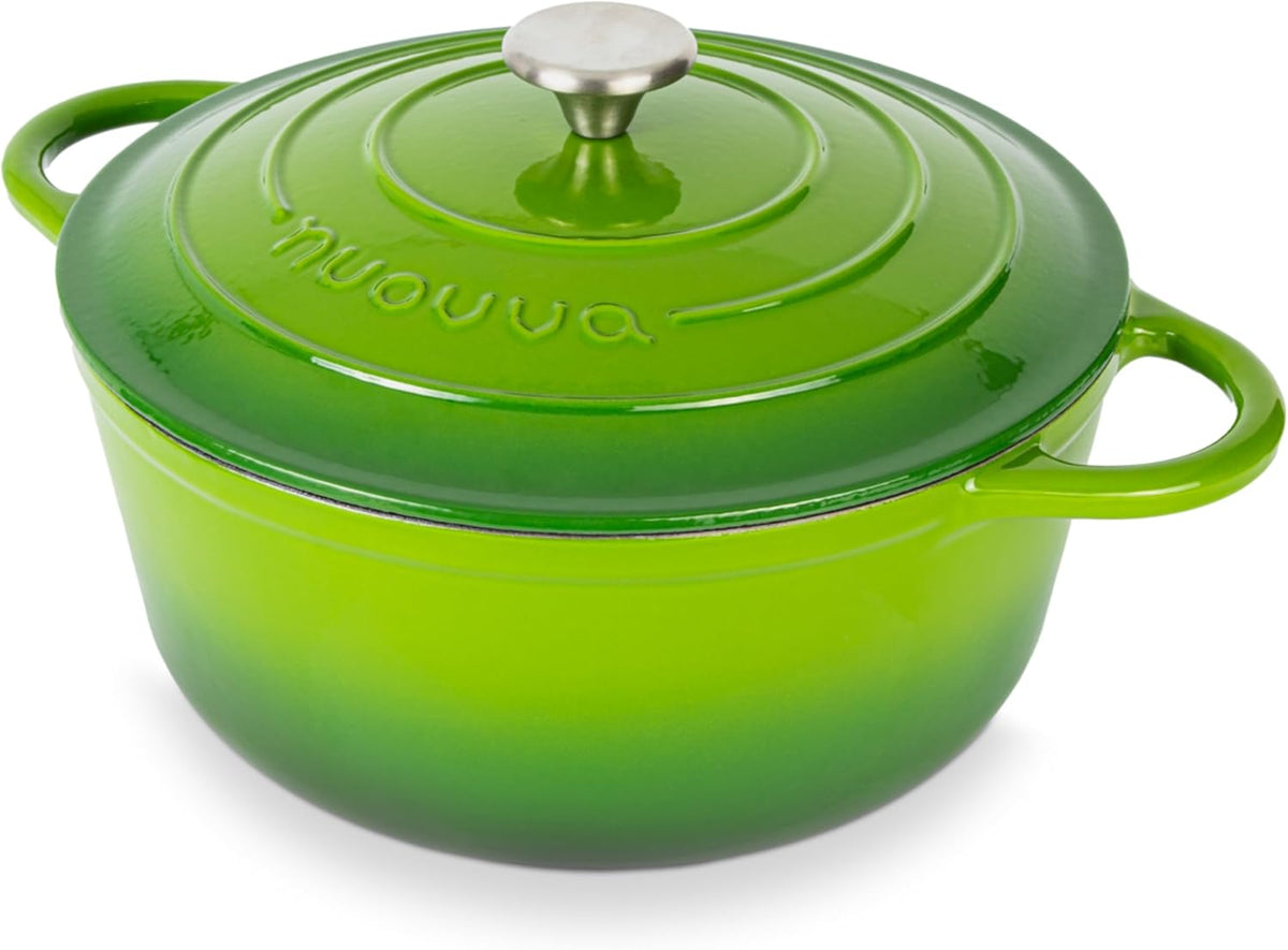 Nuovva Enamelled Cast Iron Dutch Oven Pot with Lid – 6.4 Quart Non Stick Casserole Pot – Heavy Duty & Oven Safe up to 500° F for Bread Baking, Braising, Stews, Roasting – 28cm Green