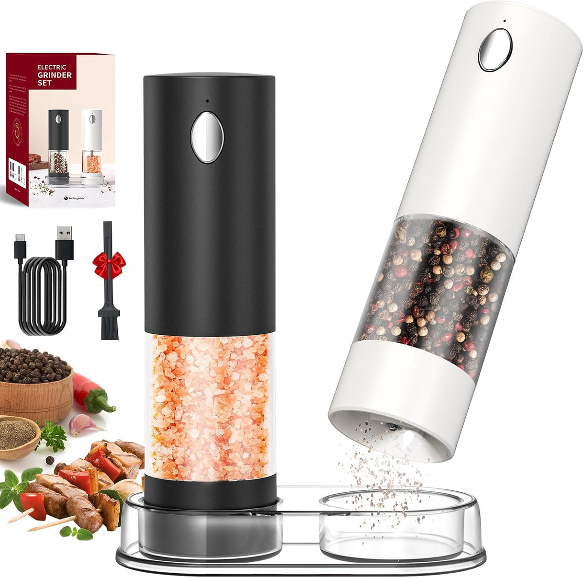 CIRCLE JOY Electric Salt and Pepper Grinder Set Rechargeable Salt and Pepper Mills with Storage Base, Adjustable Coarseness and LED White Light, Washable 95ml Container, Black & White
