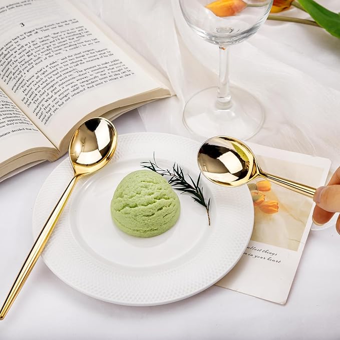 I00000 90 Pcs Gold Plastic Spoons,Disposable Silverware, Gold Plastic Cutlery, Heavy Duty Disposable Spoons Perfect for Parties, Wedding & Dinners