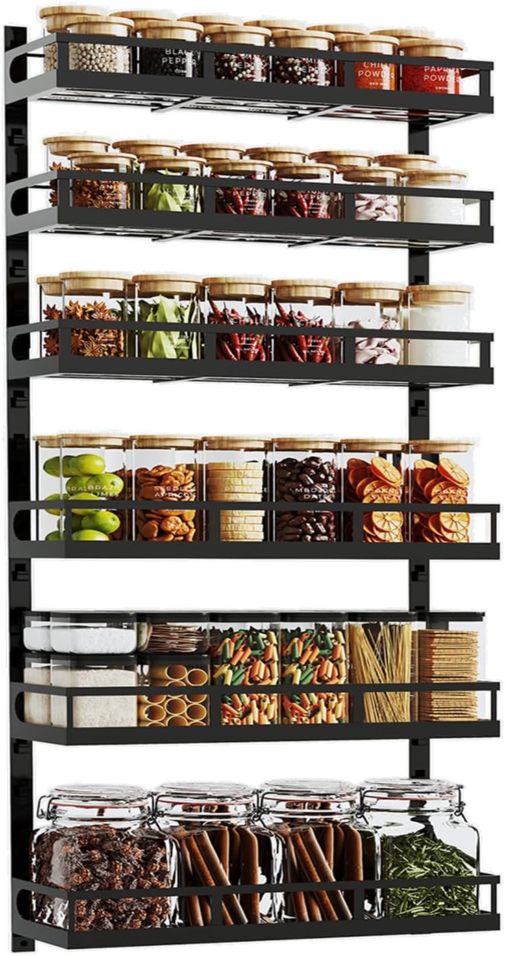 X-cosrack 6-Tier Wall-Mounted Spice Rack Organizer with Mixed Basket Sizes, Height-Adjustable Hanging Spice Shelf for Kitchen Pantry Cabinet, Large-Capacity Seasoning Holder, Black