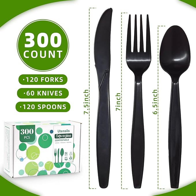 Black Plastic Silverware, Compostable No Plastic Utensils 120 Forks 120 Spoons 60 Knives Disposable Cutlery, Eco Friendly Compostable Utensils, Disposable Forks Spoons Knives Set