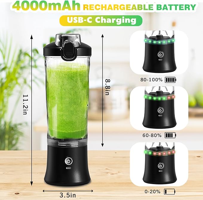 Portable Blender with Insulated Carrying Case & Recipe Book for Shakes and Smoothies, 20 OZ Personal Juicer Electric Protein Shaker Bottle, Mini Small Blender Cup with USB-C Rechargeable, Travel Lid