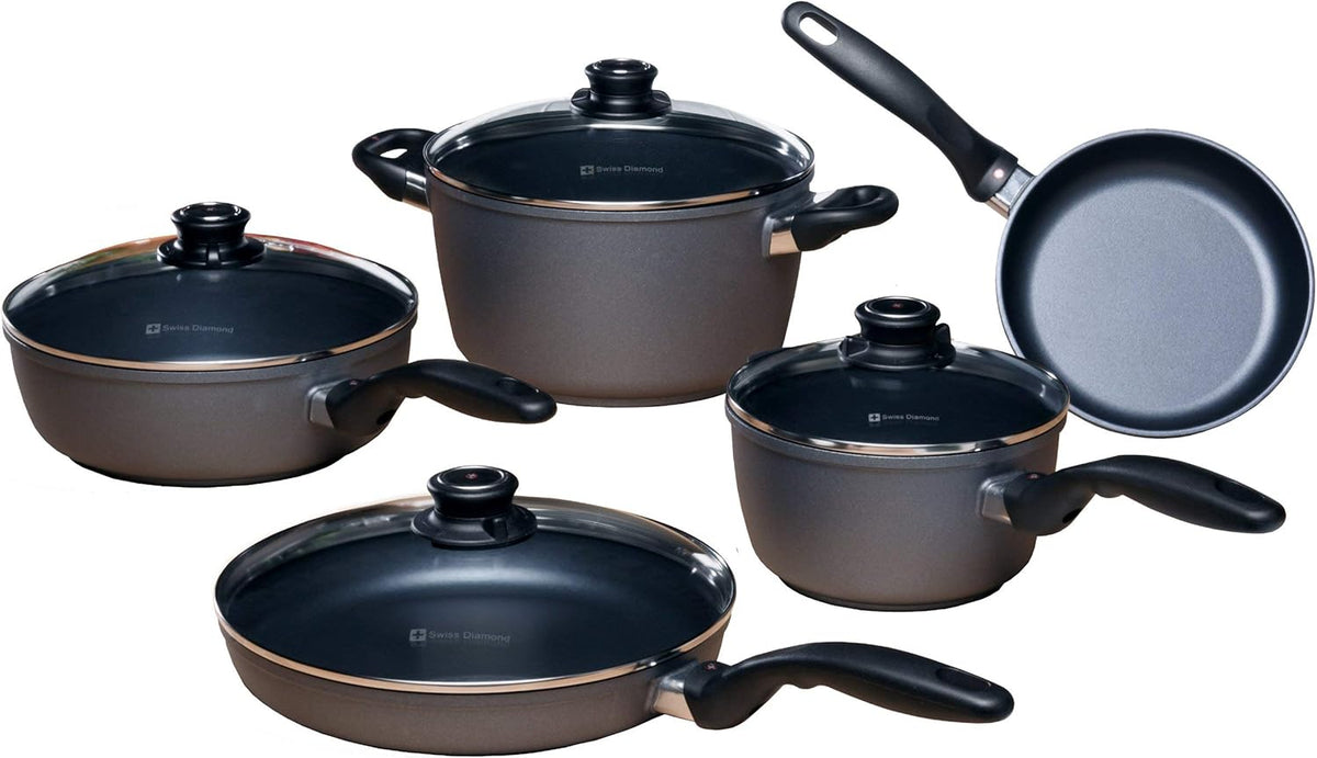 Swiss Diamond Pots and Pans Set Non Stick, Nonstick Cookware Set, Diamond Enforced Aluminum Non Stick Pots and Pan Set with Stainless Steel Handles, Dishwasher and Oven Safe, 9 Pieces, Grey