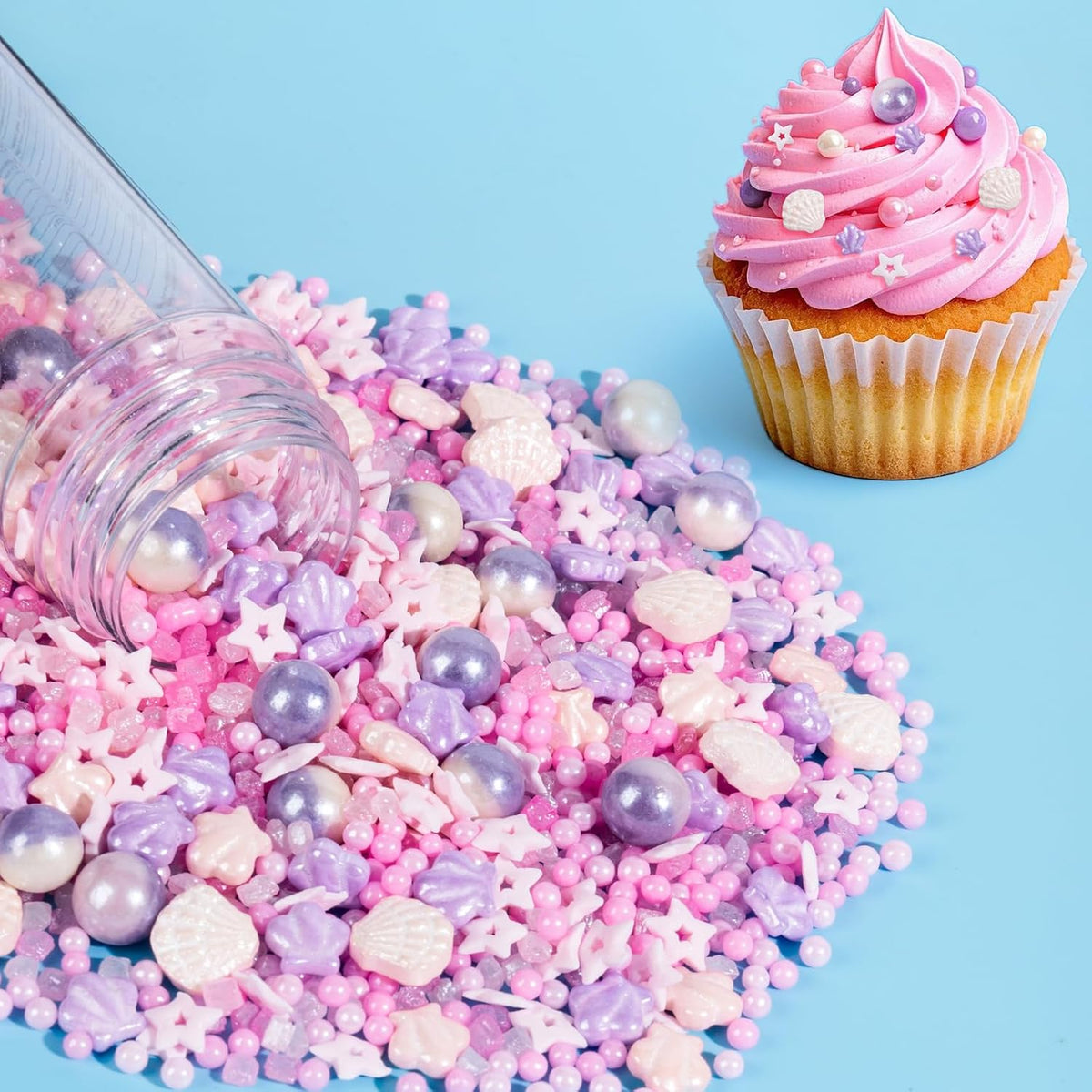 Edible Seashell Sprinkles Cake Decorating,130g/4.58oz,Pink Purple Pearl Sugar Sprinkle,Mix Sea Beach Stars Shell Sprinkles, Ocean Theme Baking Candy Decorations,Cupcake,Ice Cream Cookie Donuts Toppings,Birthday Children's Summer Party Supplies