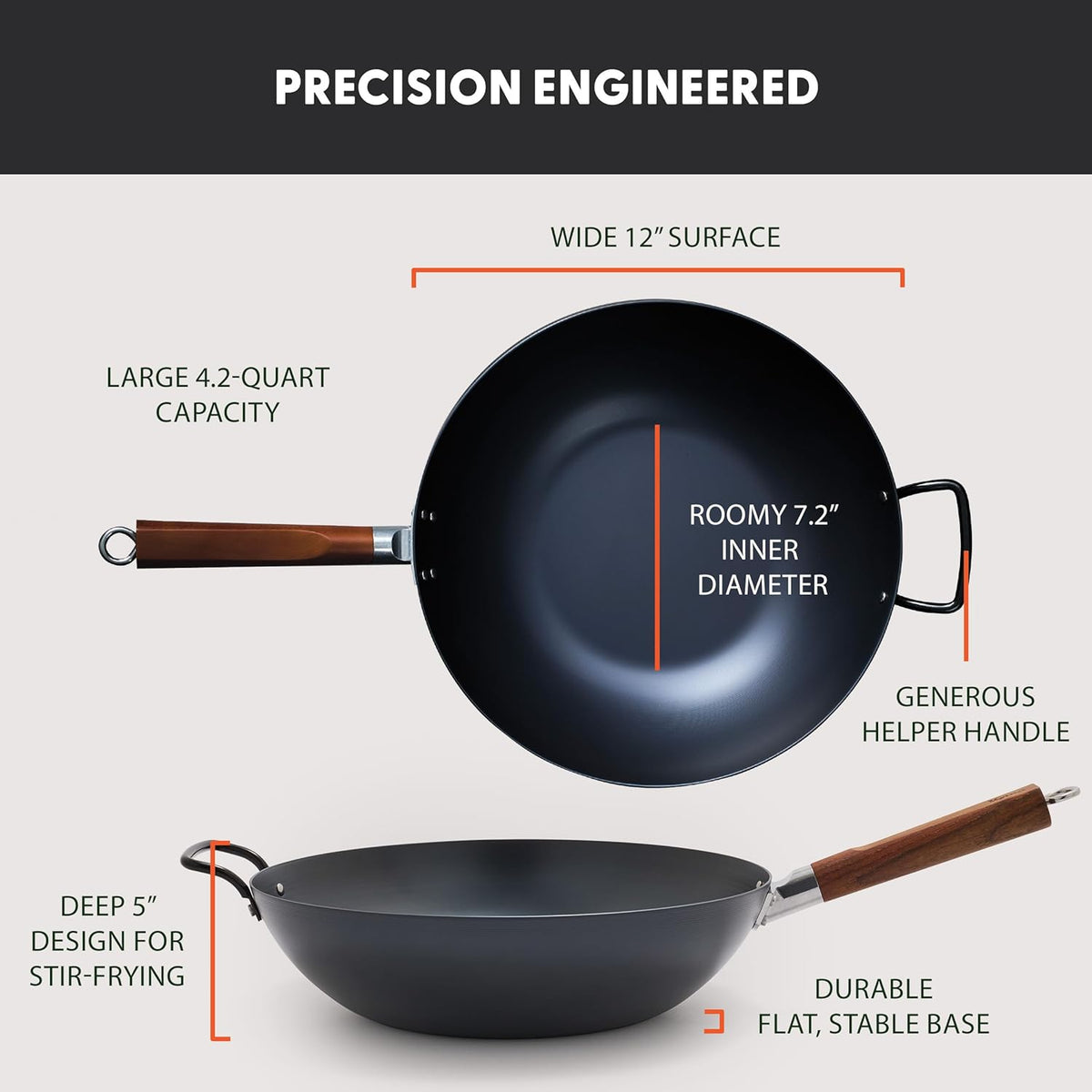 GreenPan Carbon Steel Wok 12”, Flat Bottom, Durable Stir-Fry Pan, Pre-Seasoned Nonstick Patina, High Heat Retention, Induction, Ash Wood Handle, Kyoto, Black