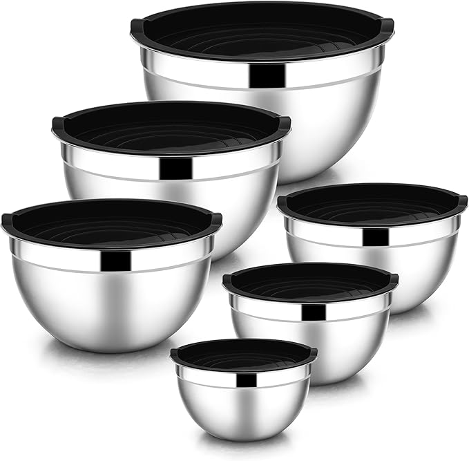 E-far Mixing Bowls with Lids, 12-Piece Stainless Steel Salad Bowls Metal Nesting Bowls for Baking Cooking and Prepping, Airtight Lids & Stackable Design, Size 7, 4.5, 3, 1.5, 1.2, 0.7 QT (Black)