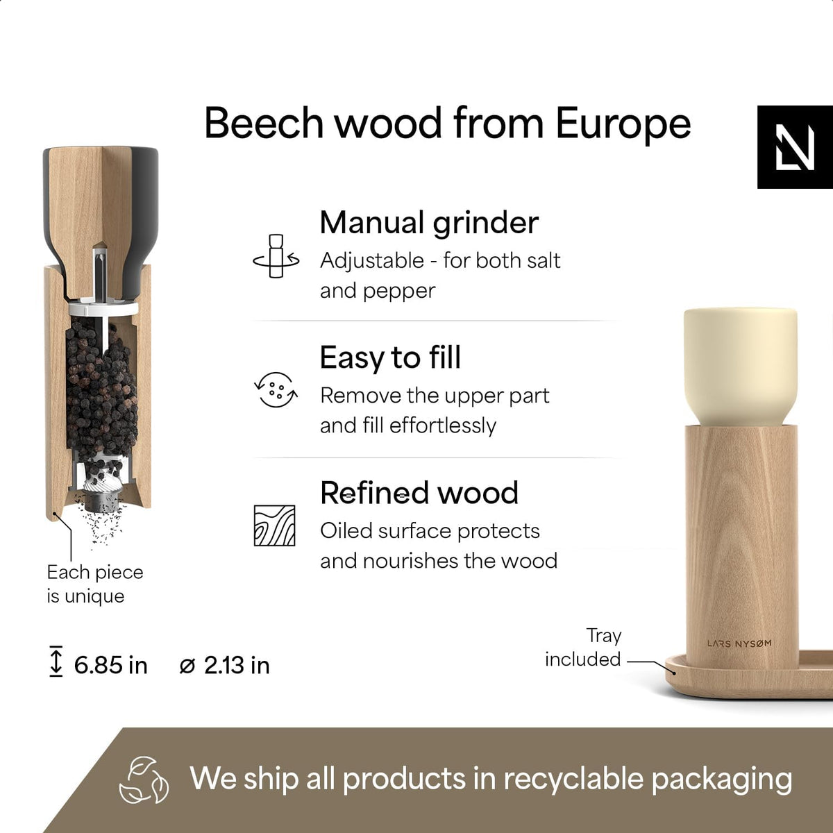 LARS NYSØM Wooden Salt and Pepper Grinder Set Manual with Tray - Salt and Pepper Mills with Adjustable Ceramic Grinder - Elegant Beechwood Pepper and Salt Mill Set for Dining Table (Black/Beige)